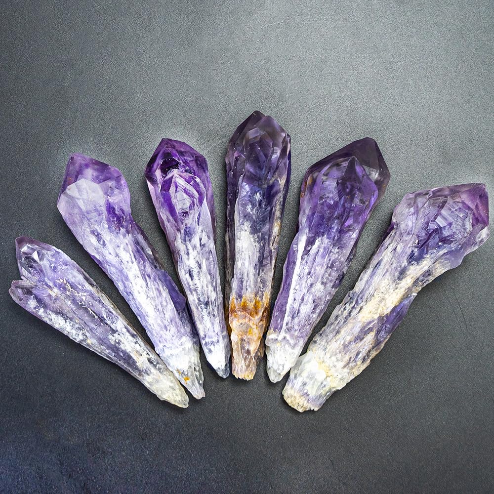 Natural Raw Amethyst Point Wand 6pcs Set- Healing Crystal Scepter with Single Terminated Cluster,Positive Energy Stone for Home Decor,Reiki,Meditation,and Spiritual Gift