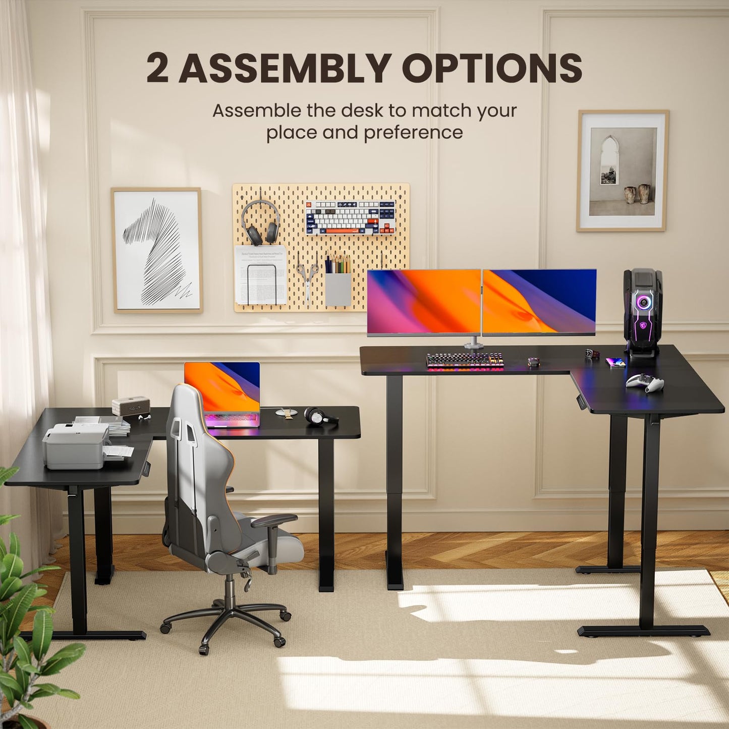 ErGear L Shaped Standing Desk, 63"x55" Electric Adjustable Height Sit Stand up Desk, Ergonomic Large Computer Table, Left & Right Interchangeable Installation, Suitable for Home Office, Black