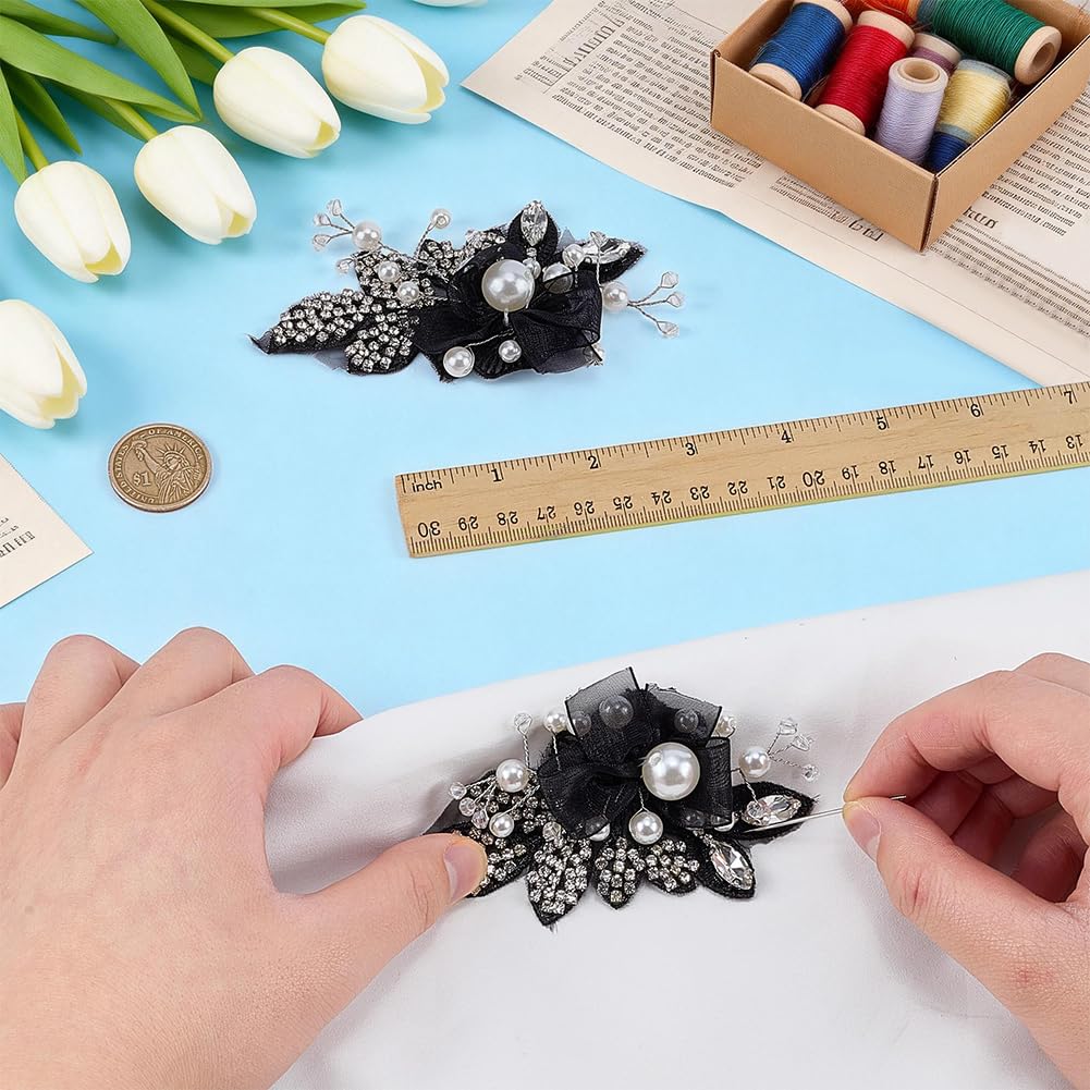FINGERINSPIRE 1 Pair 4.4x2.5x0.5inch White Pearl Beaded Applique Rhinestone Flower Patch DIY Crafts Wedding Dress Embellishment for Bridal Hair Comb Decoration Black Floral Sew On Decoration