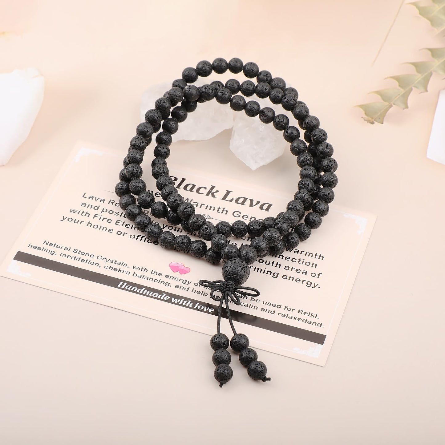 AD Beads 6mm 108 Prayer Mala Black Lava Elastic Bracelet - Warmth Generator - Handmade Yoga Meditation Healing Power Energy Gifts for Unisex Adult.