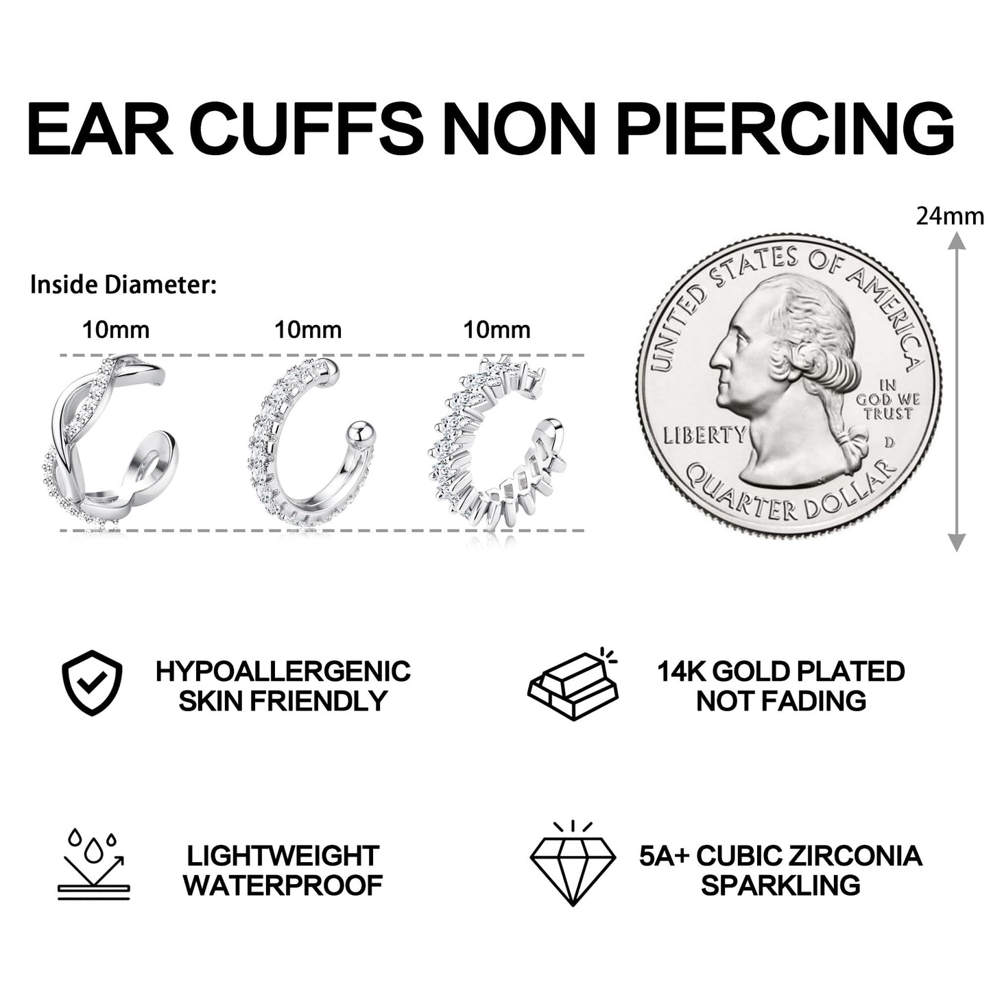 Dochais Ear Cuffs Non-Piercing Earrings for Women Cute Small Clip-On Cartilage Earring 14k Gold Plated Dainty Fake Piercings Earings Silver Style1