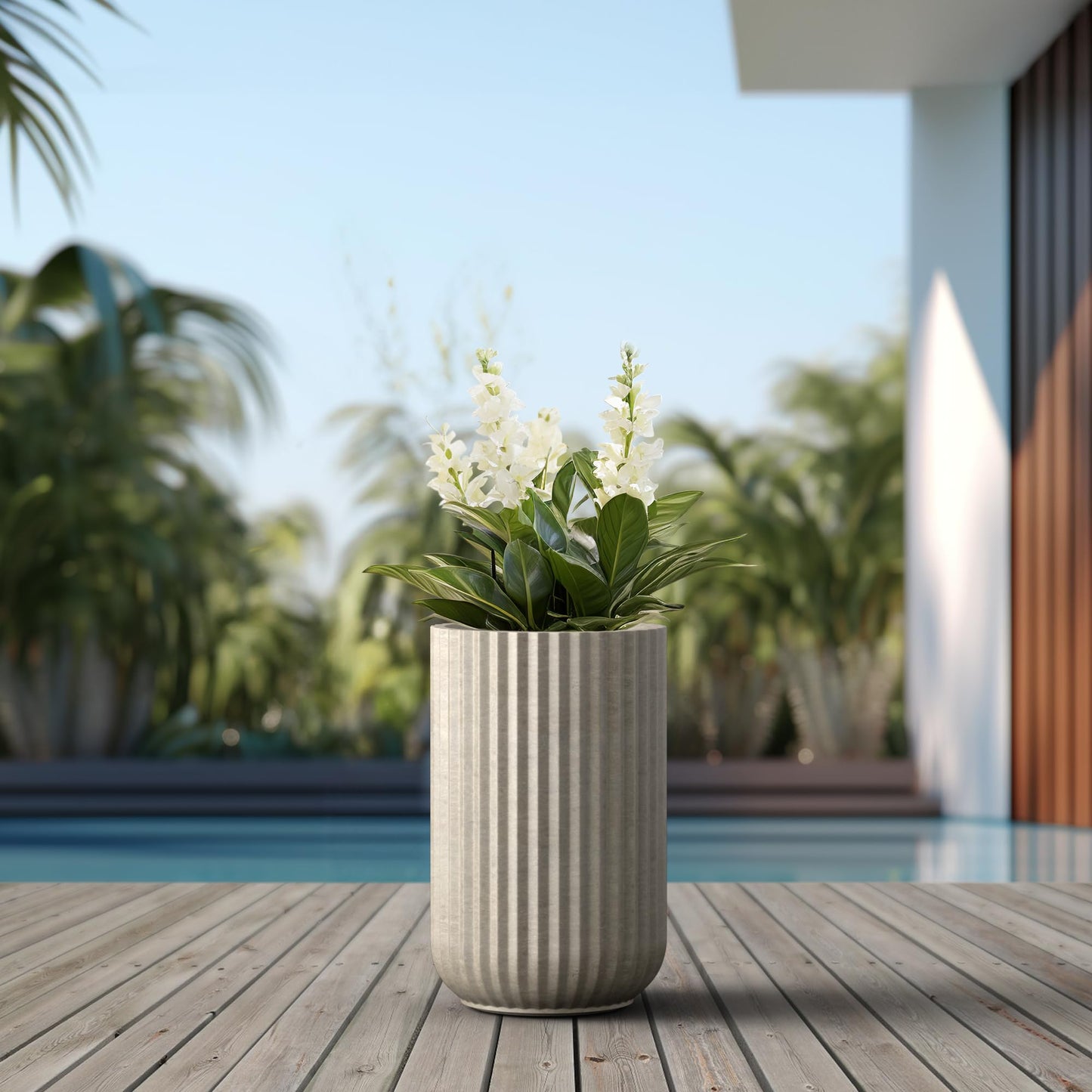 Kante Tall Fulted Planter, 17.7 Inch Tall Round Concrete Plant Pots with Drainage Hole and Rubber Plug, Modern Decor for Indoor Outdoor Plants, Flower, Weathered Concrete