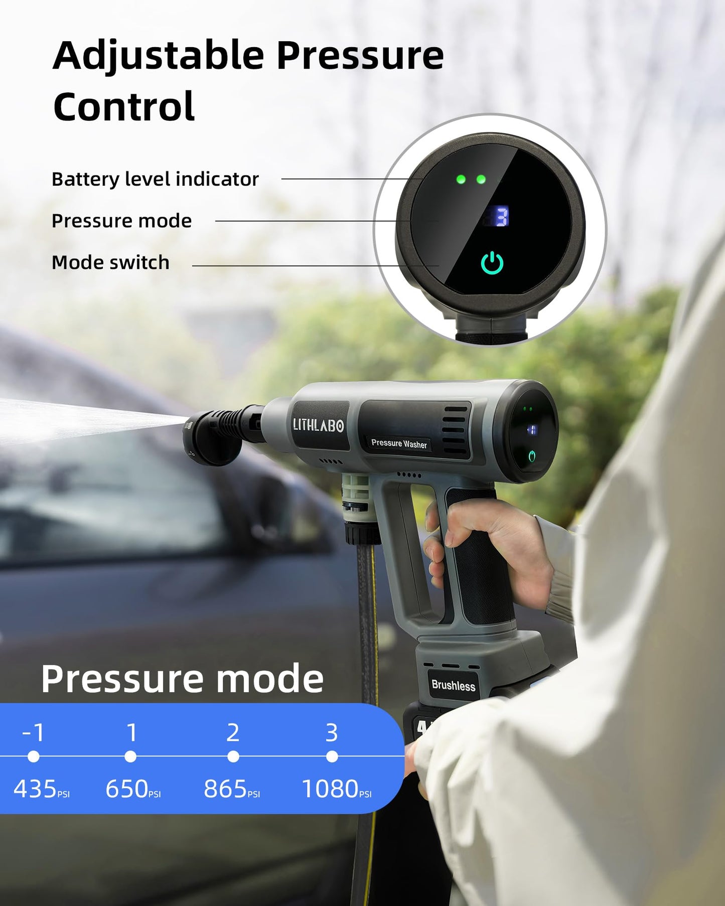 Cordless Pressure Washer 1080PSl Portable High Pressure for Car Wash Outdoor Cleaning, Handheld Power Washer with 6-in-1 Adjustable Nozzle, Foam Cannon for Fences/Driveways/Patios/Home (1X 4Ah)
