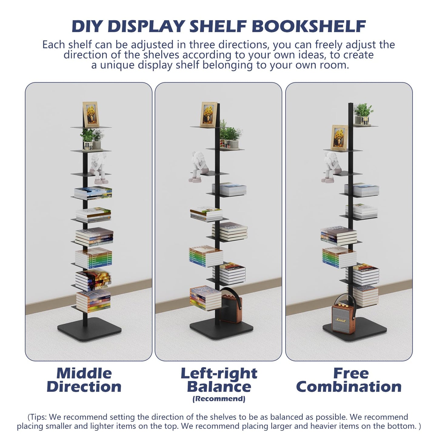 Choowin 9-Shelf Metal Spine Bookshelf Vertical Bookshelf, Adjustable Modern Floating Narrow Tree Book Shelf Book Tower, Display Shelf for Bedroom Living Room Office, 70 inch Tall, Black