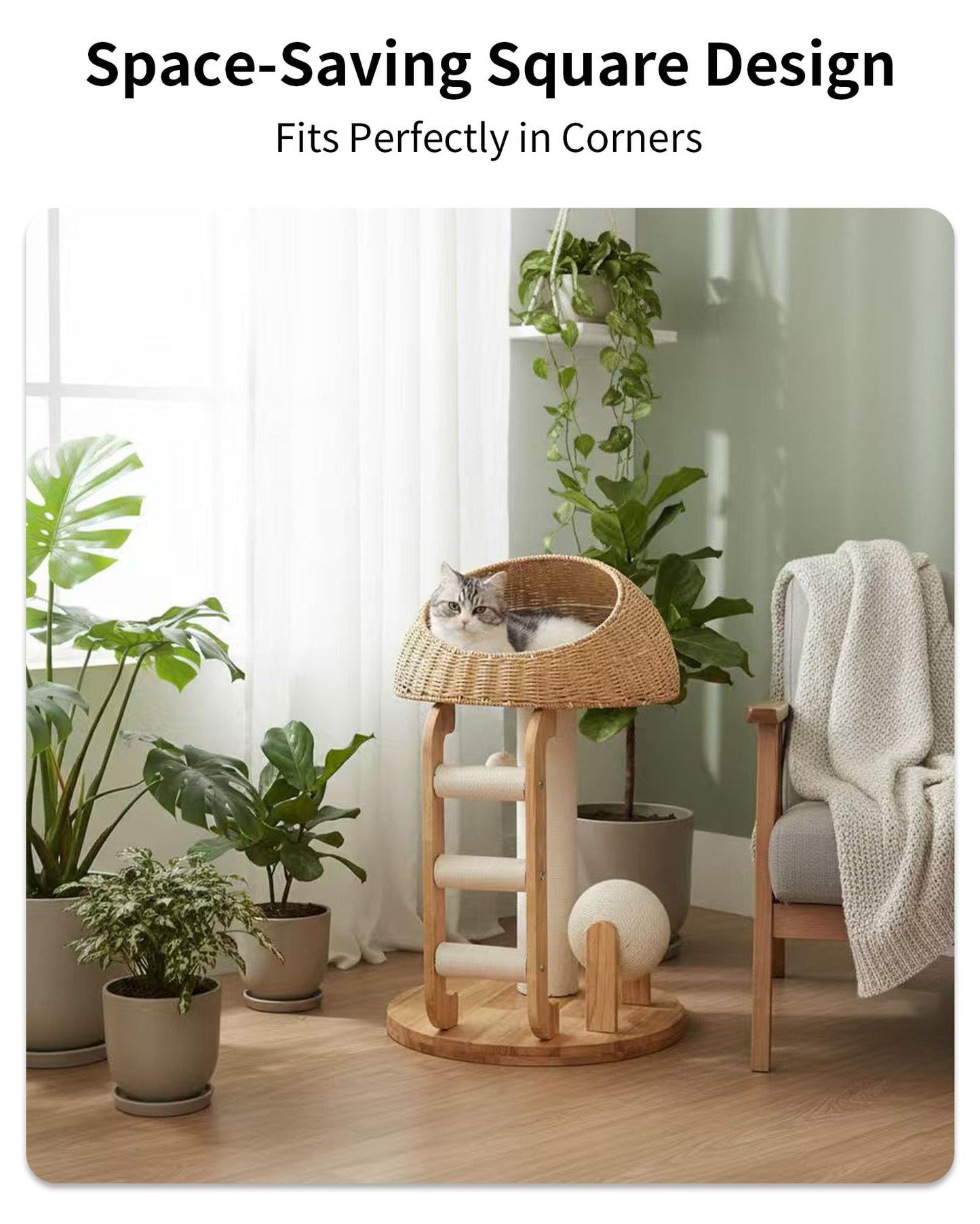 PETTIFUL Wood Cat Tree for Large Cats, Modern Cat Tree Tower with Wide Shelves Cotton Scratching Posts, Super Sturdy Base, Cozy Perches, and Interactive Toys for Indoor Kittens
