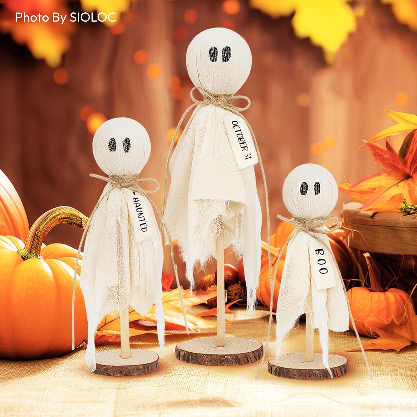 Halloween Ghost Decorations Set of 3, Rustic Wooden Base Boo Ghost Tabletop Ornaments, Farmhouse Halloween Indoor Centerpieces for Mantel, Shelf, Coffee Table and Entryway Decor