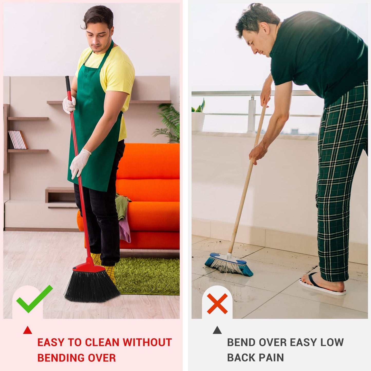 12 Pcs Heavy Duty Commercial Angle Broom 53 Inch Long Handle for Sweeping Indoor Outdoor - Garage, Courtyard, Patio, Lobby, Mall, Market, Shop, Sidewalk Floor (Red)
