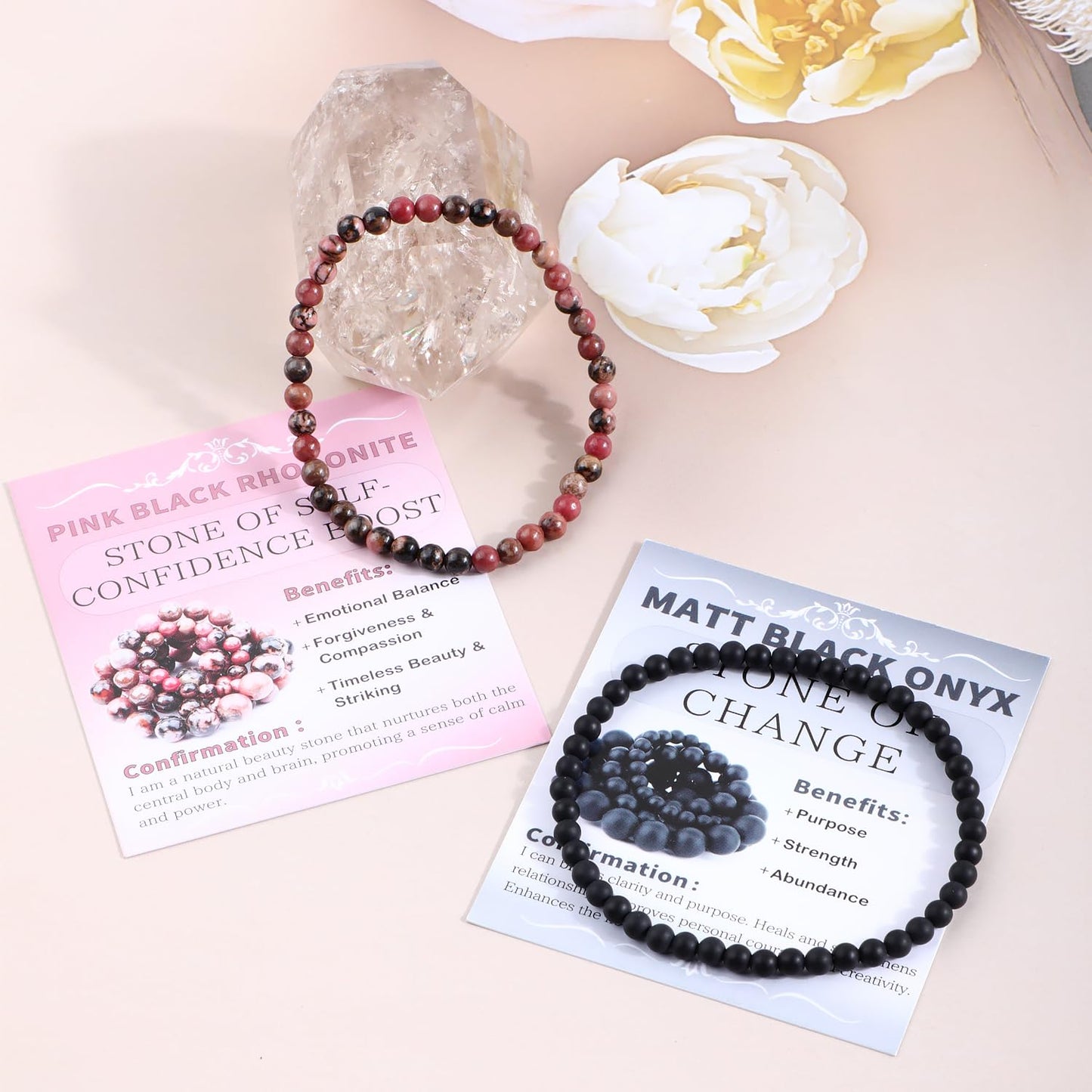 NCB 2-Piece 4mm Natural Crystal Gemstone Stretch Bracelets – ﻿Pink Black Rhodonite, Matte Black Agate Handmade Reiki Energy Healing Jewelry for Meditation,Yoga, Unisex