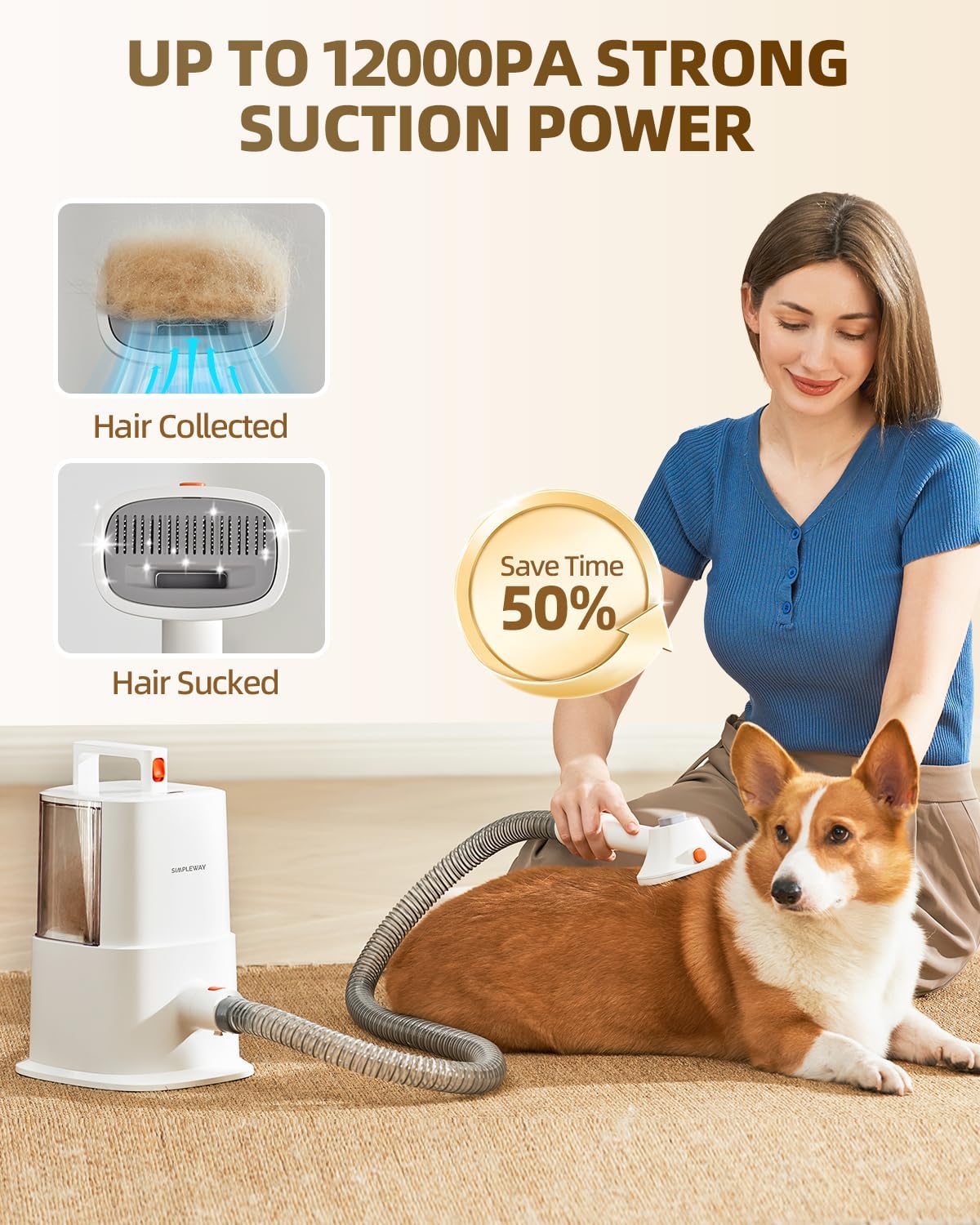 Simple Way Dog Grooming Vacuum Kit for Shedding: Pet Hair Remover with Quiet Suction Cleaners and Large Capacity Dustbin for Long-Haired Dogs and Cats Home Brush and Groomer with 6 Attachments(Ivory)