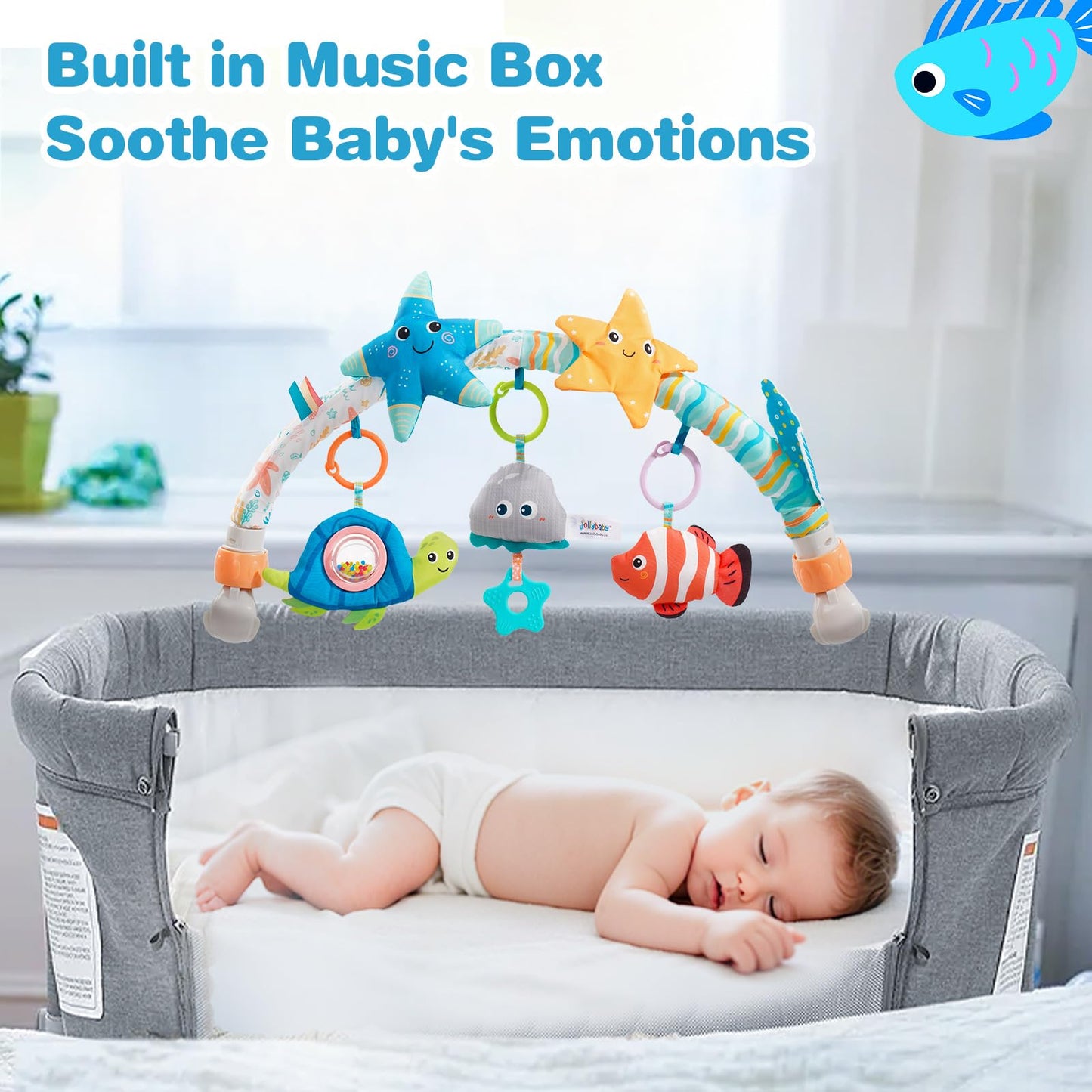 Jollybaby Musical Bassinet Stroller Crib Mobile Toy for Baby 0-6-12 Months, Infant Clip On Arch Hanging Toy with Music Box for Bjorn Bouncer, Portable Mobile Attachment Toy for Newborn Gift - Starfish