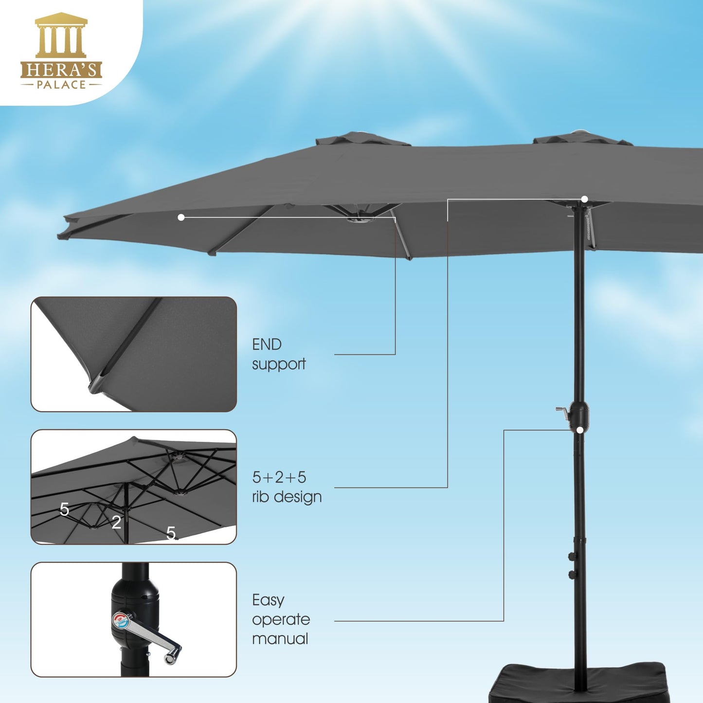 HERA'S PALACE Umbrella Patio Outdoor with Base 15ft Rectangle Table Double Market Heavy Duty Umbrellas Clearance Large Included Stand for Deck Outside Pool Picnic Inground Yard Commercial, Gray