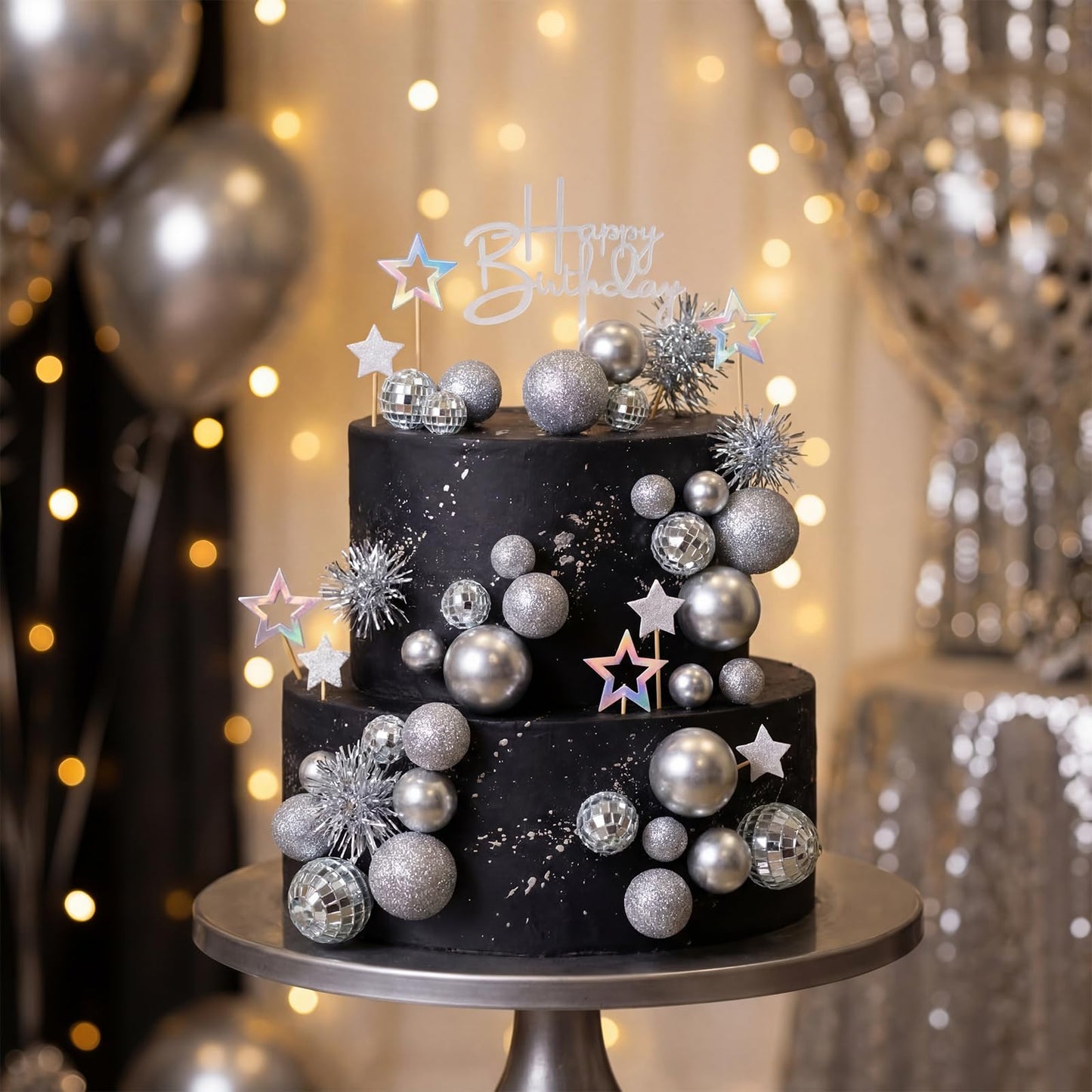 Teenyyou 57 Pcs Disco Cupcake Toppers Glitter Happy Birthday Cake Topper Cake Decorations Kits Disco Balls Star Tinsel Firework Cupcake Picks for Wedding Baby Shower Birthday Party Decor