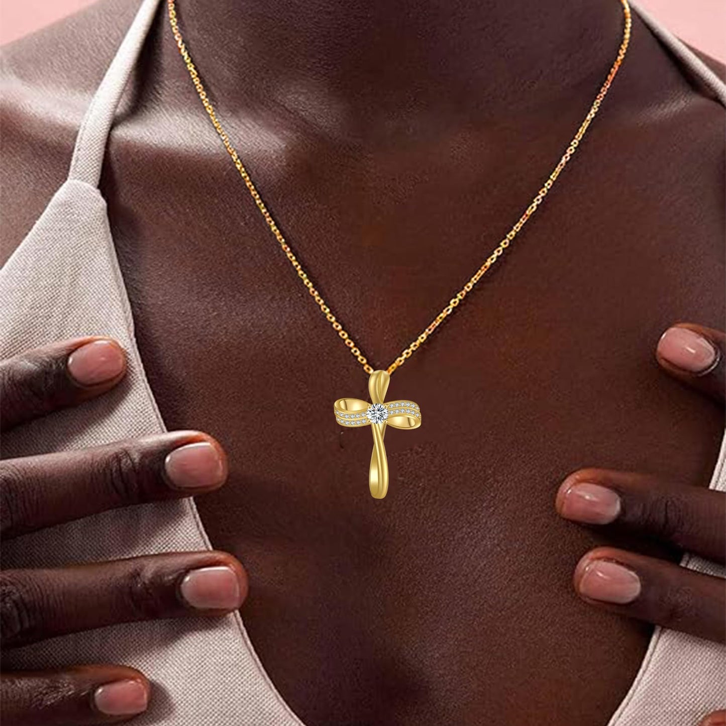 OKISIL 18K Gold Plated Cross Necklace for Women, S925 Sterling Silver Necklace with 5A Cubic Zirconia, Infinity Loop Pendant Jewelry, Christian Gifts for Women Her Wife