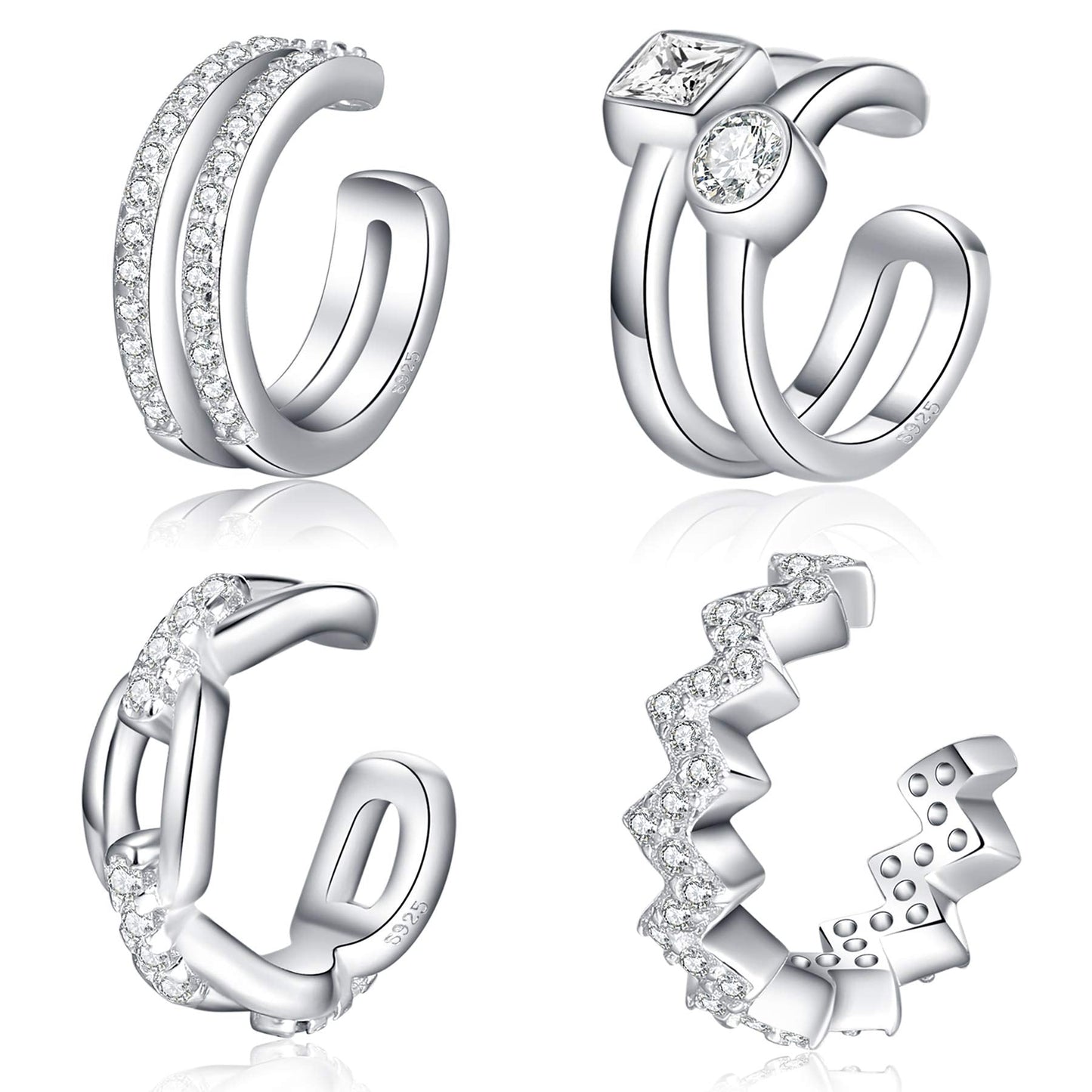 Ear Cuffs 925 Sterling Silver CZ Fake Ear Cuffs for Women Non-Piercing Ear Conch Clip on Cartilage Earrings | 4 Various Styles