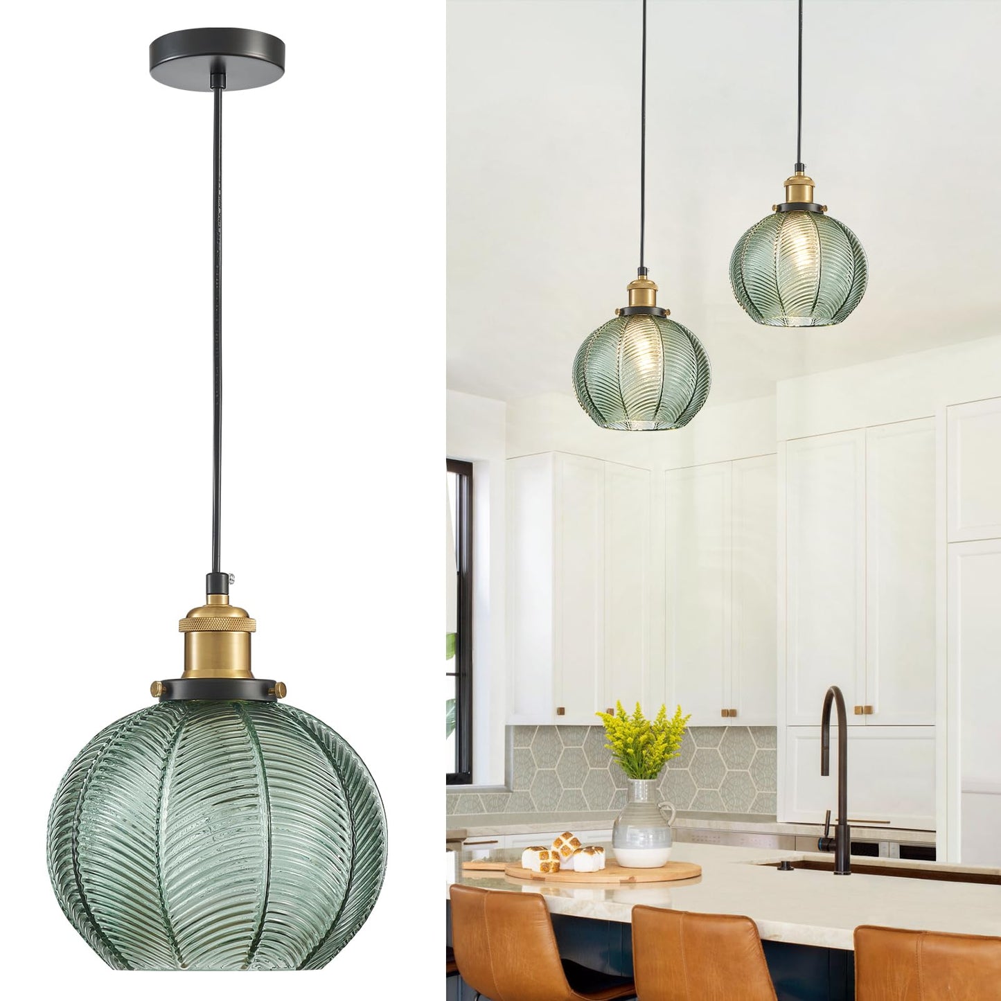 ZRPSSGE 7.8in Vintage Pendant Light 1- Light Kitchen Sink Pendant Lights with Green Hand Blown Glass Small Hanging Lamp for Kitchen Island Dining Room Bedroom Bathroom Hallway E26