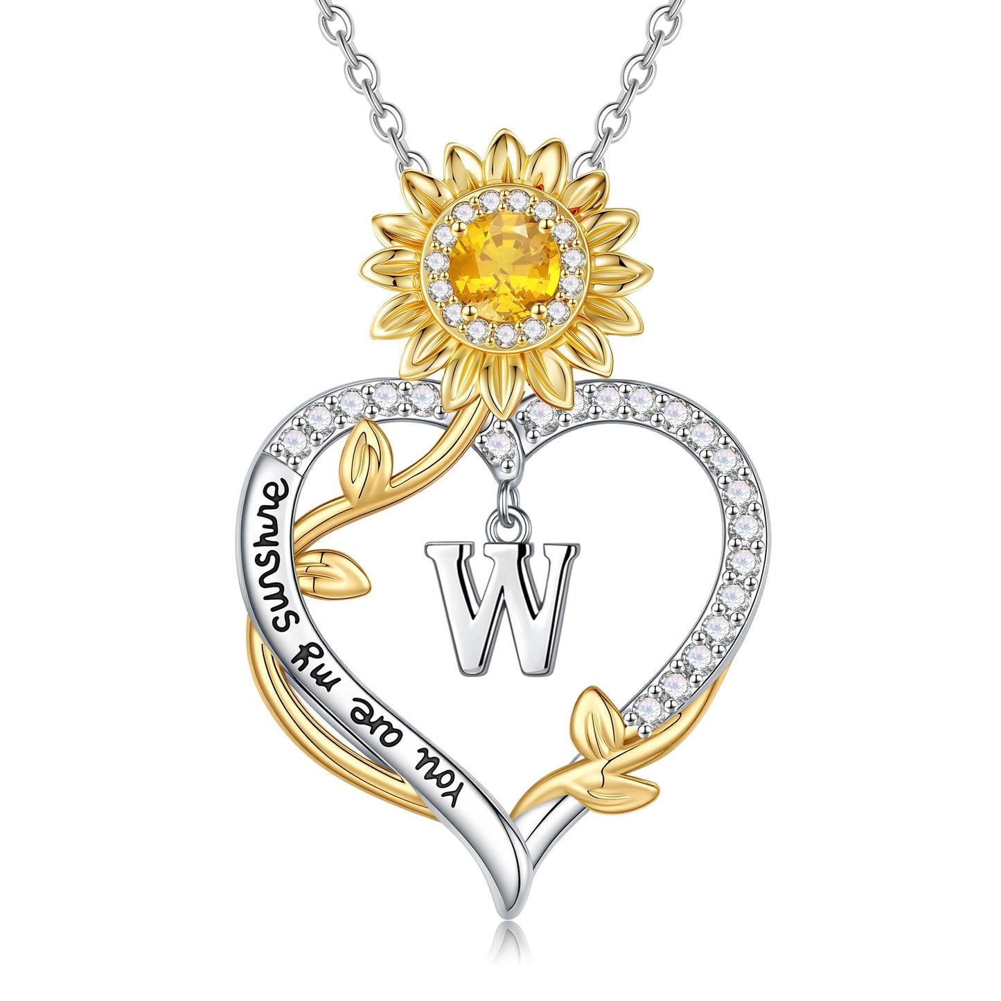 MONOOC Sunflower Initial Necklaces for Women - 14K-White-Gold-Plated Sunflower Gifts for Woman Initial Letter W Necklace Anniversary Birthday Gifts for Women Wife Mom Friends Jewelry Gift