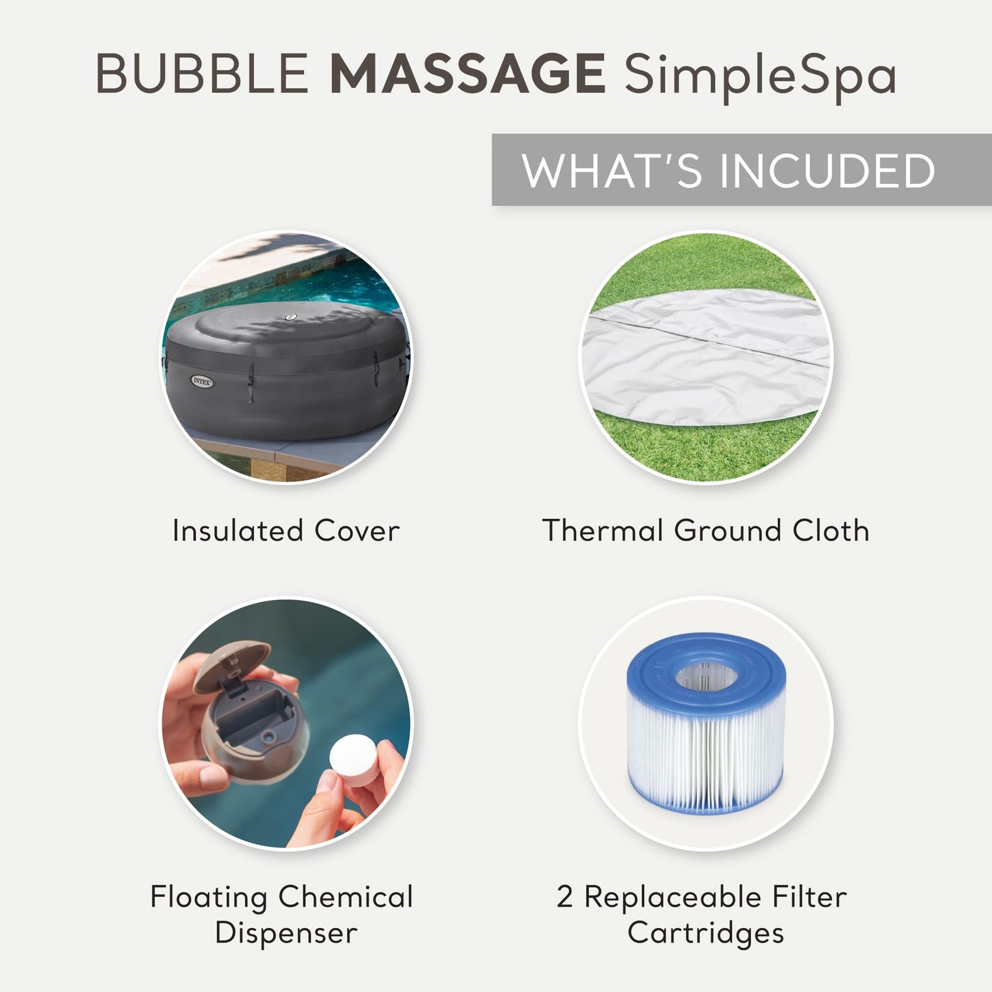 INTEX 28483E SimpleSpa Inflatable Hot Tub 4 Person Bubble Massage Spa: Includes Insulated Cover – Built-in QuickFill Inflation – Soothing Jets – 77" x 26"