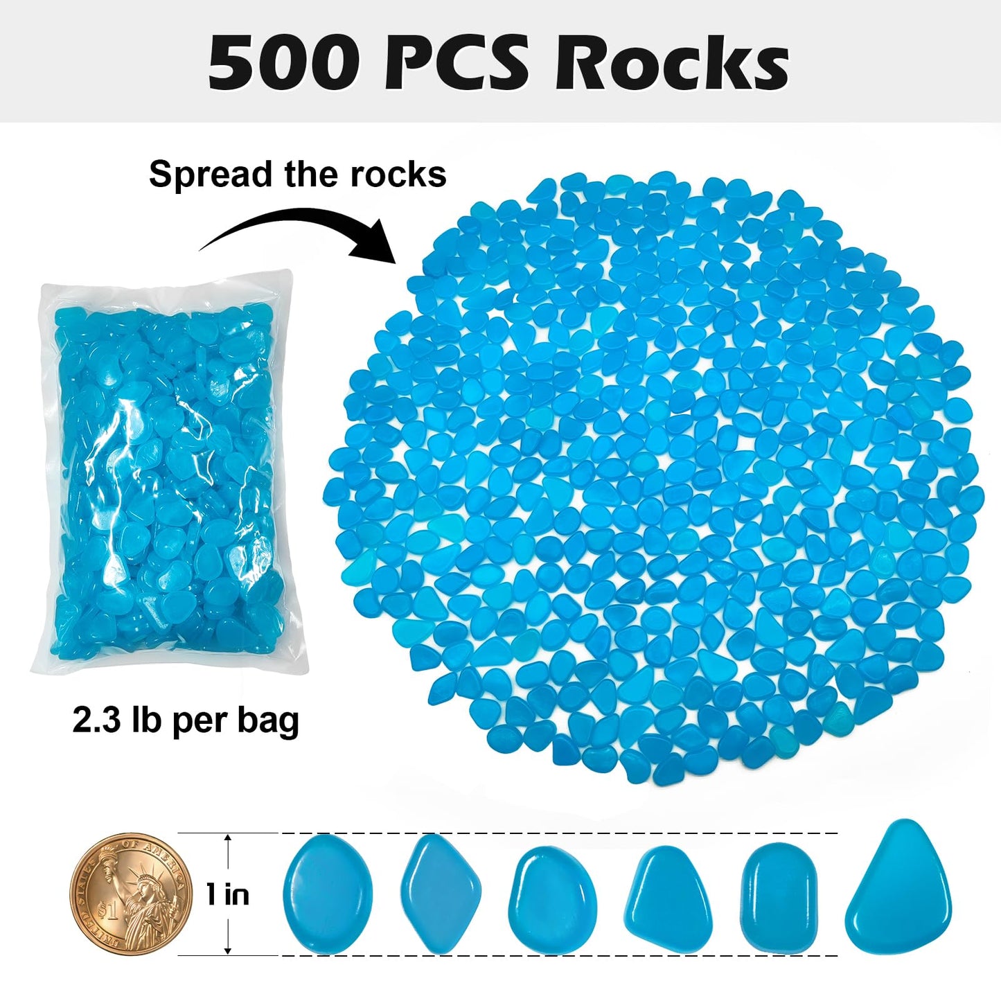 NAMTSO Glow in The Dark Rocks Outdoor, 500 pcs Blue Solar Rocks for Landscaping, Outdoor Decor Glow in The Dark Stones, Glowing Pebbles for Garden Backyard Patio Lawn Pond Fish Tank Aquarium Decor