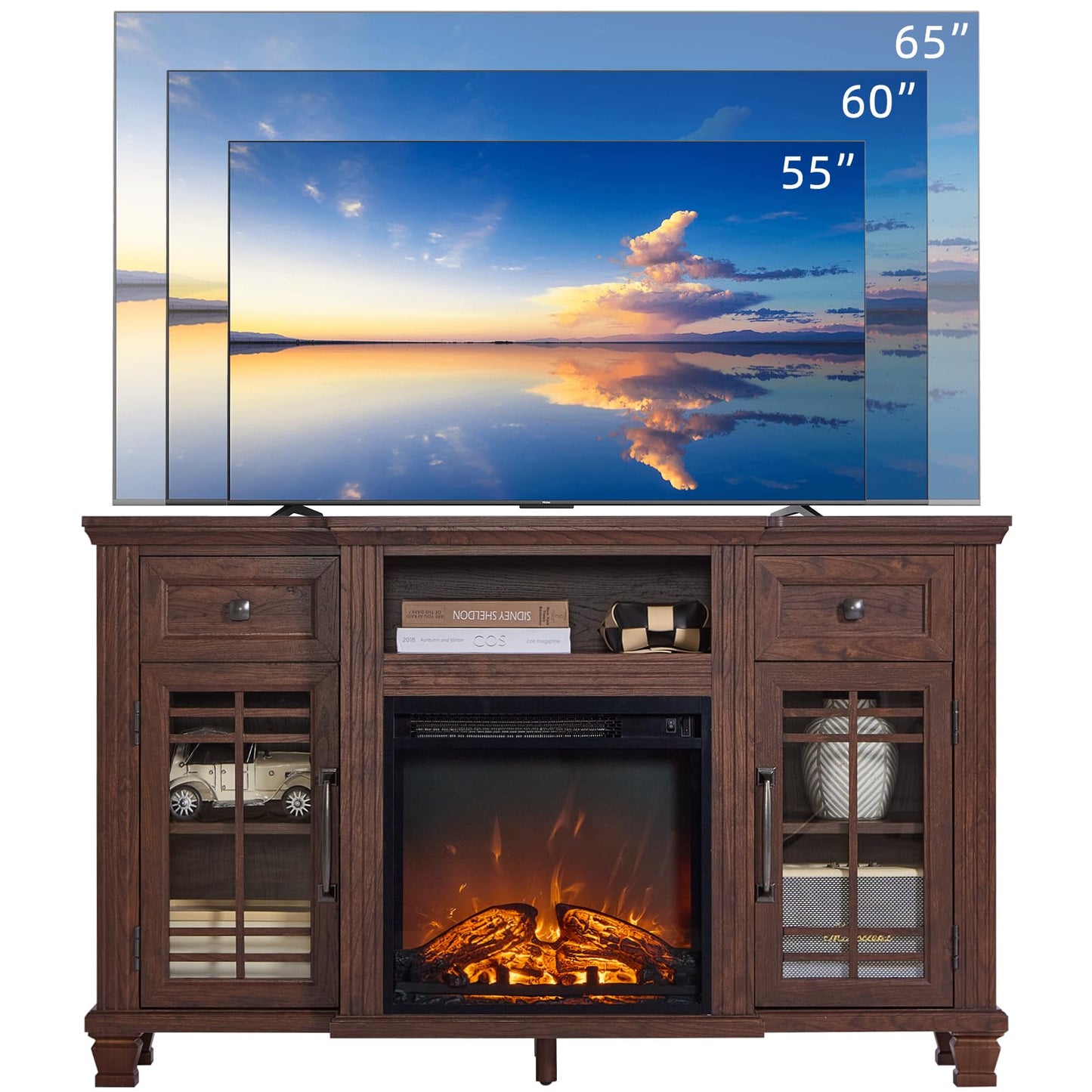 SAVOR LIFE 52" Fireplace TV Stand with 18”Silent Electric Fireplace, Farmhouse Entertainment Center for TVs up to 65", 2 Drawers TV Console with Glass Door Cabinet, Walnut TVs Cabinet for Living Room