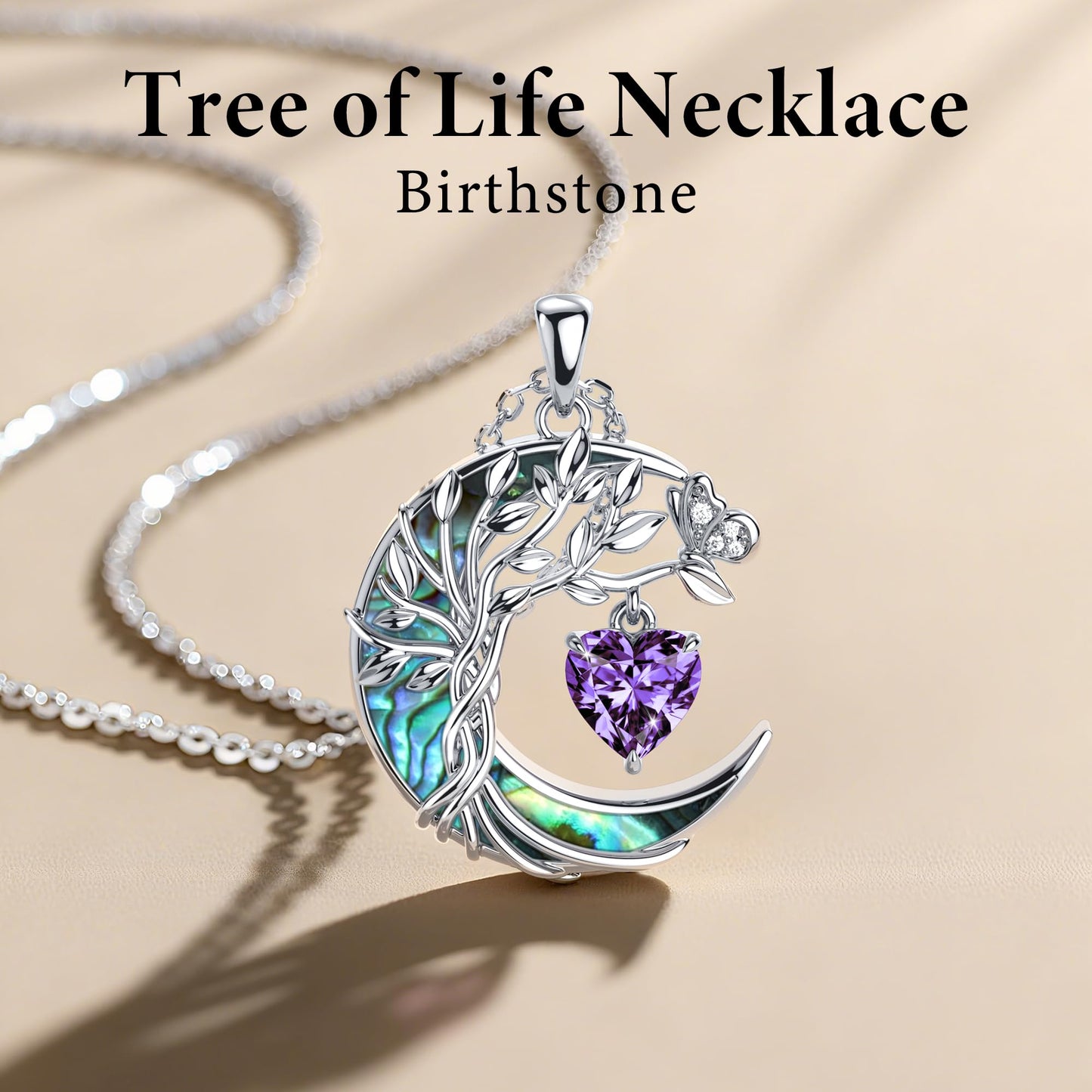 Distance Tree of Life Birthstone Necklace for Women, S925 Sterling Silver Premium Abalone Shell Moon Pendant February Heart Birthstone Necklace, Amethyst Jewelry Christmas Birthday Gifts for Her Wife