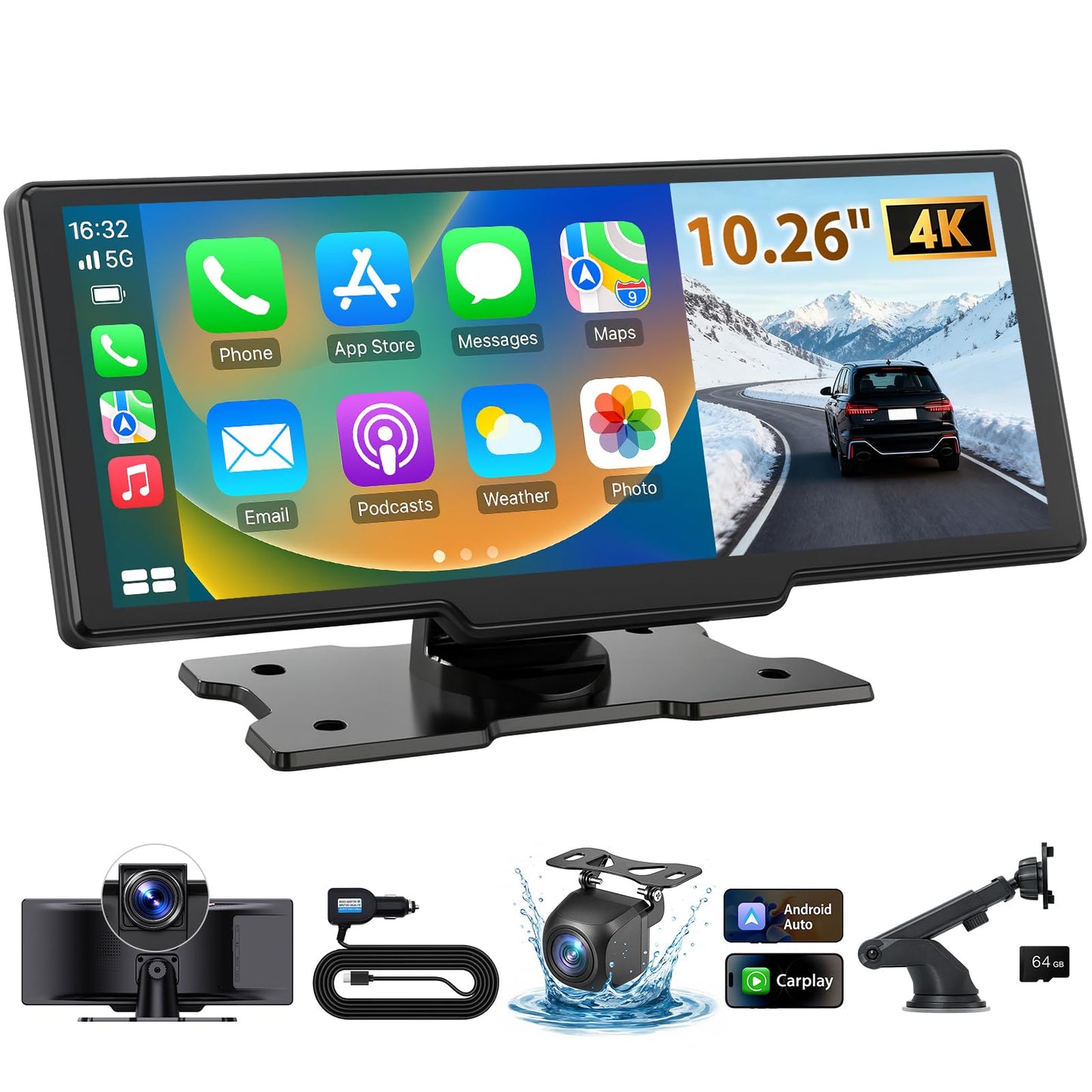 10.26" Wireless CarPlay Screen for Car: 4K Dash Cam & 1080P Backup Camera, Portable Touchscreen Car Stereo for Apple Carplay & Android Auto, GPS Navigation, Mirror Link BT FM Voice Control (ADAS)