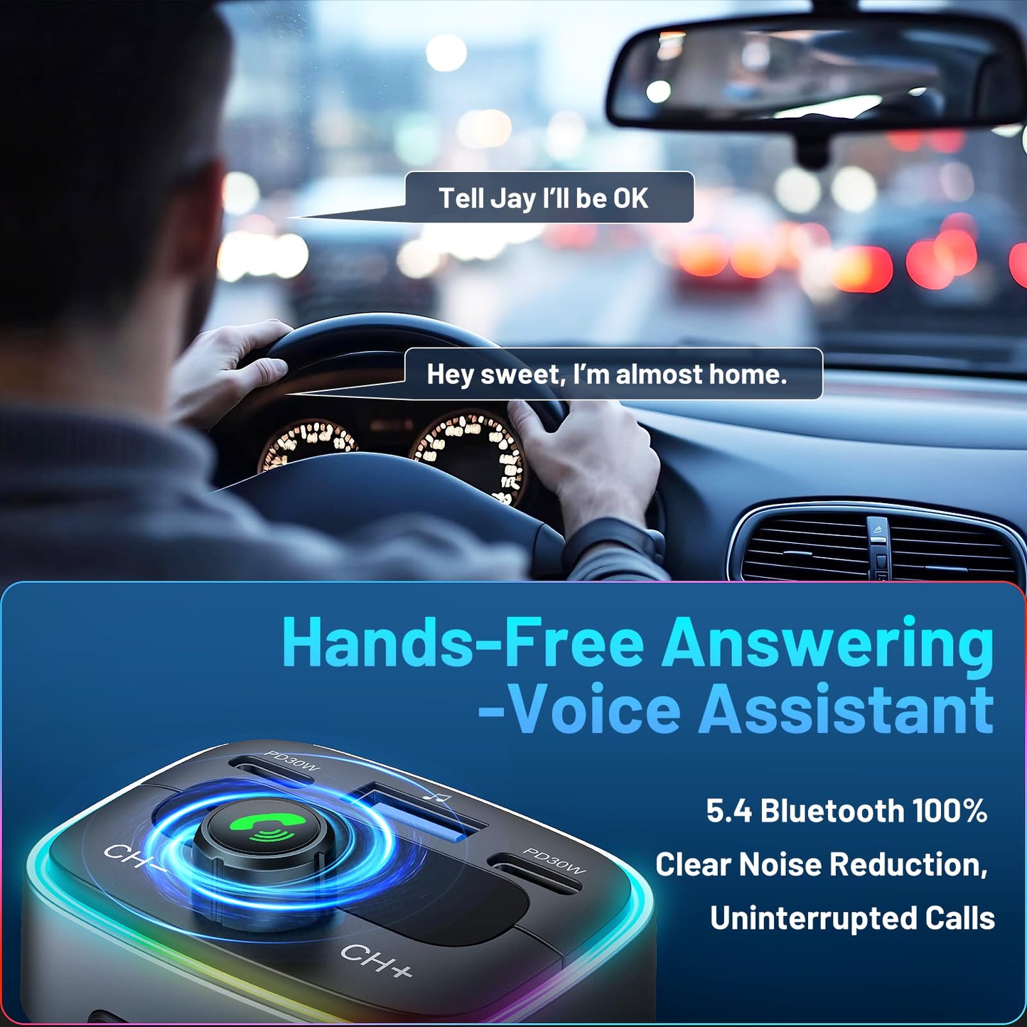 HUNDRUP Bluetooth 5.4 Car Adapter 60W Charging USB Bluetooth Adapter for Car,Wireless Fm Transmitter Radio,Handsfree Calling and Audio Receiver,HiFi Music Player,7 Colors LED Backlit