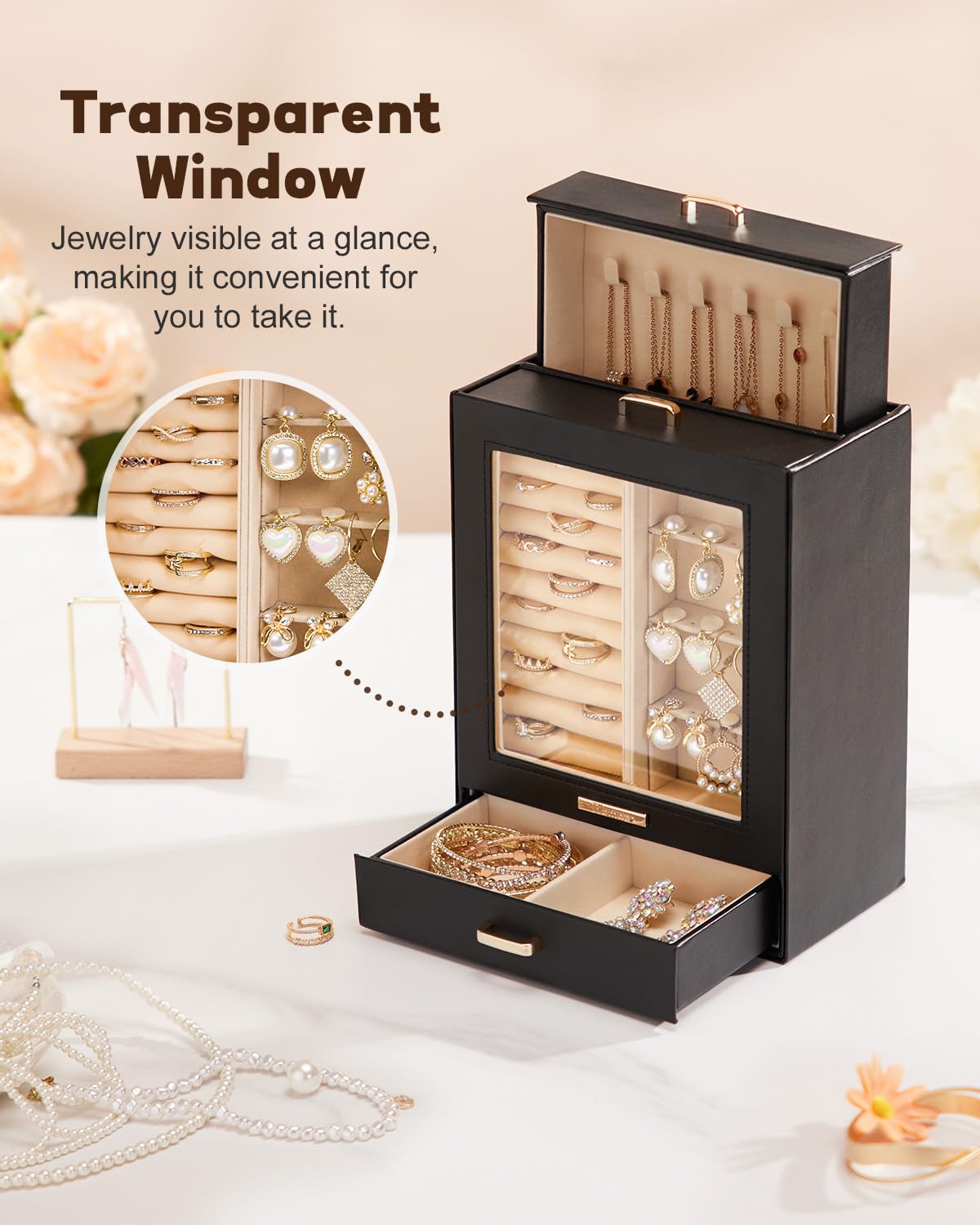 Homde Mothers Day Gifts Jewelry Organizer Girls Women Jewelry Box for Necklaces Rings Earrings Gift Bracelets Storage Case (Black + Gold)