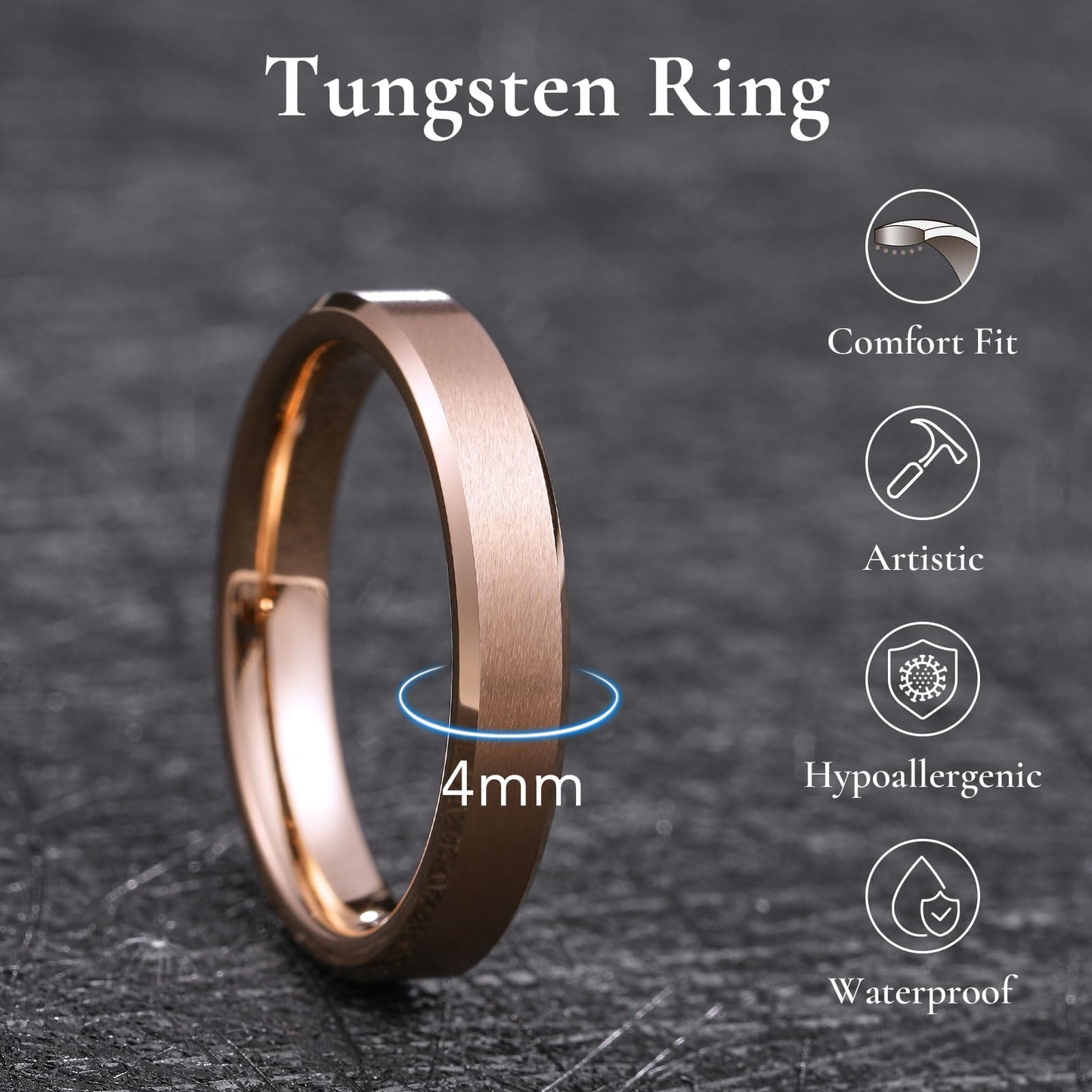 King Will Rose Gold Basic Tungsten Rings For Men Women 4mm Wedding Band Polished Edge Brushed Matte Promise Ring Comfort Fit, size 9