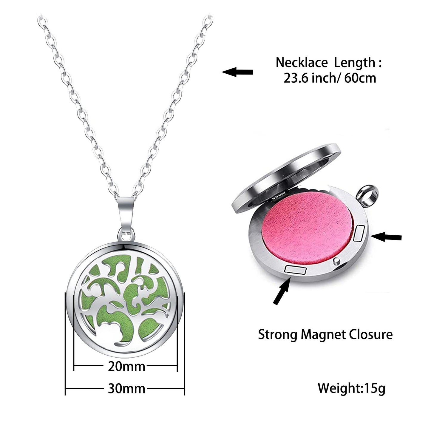 2 Pack Aromatherapy Essential Oil Diffuser Necklace Tree of Life Pattern, Muulaii Stainless Steel Locket Pendant with 24 Inch Chain Unique Gift Ideas for Women, Girls, Friend, Mom