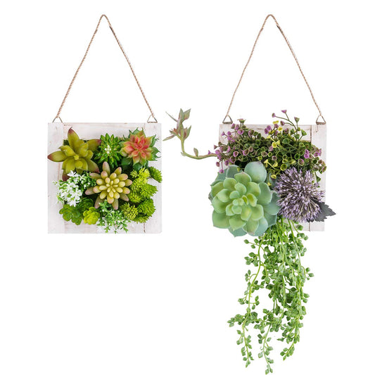 SWTHONY Hanging Wall Artificial Plants for Home Decor Indoor Faux Succulents in Wooden Frame 3D Greenery Decor for Living Room Nursery Backdrop Pake of 2