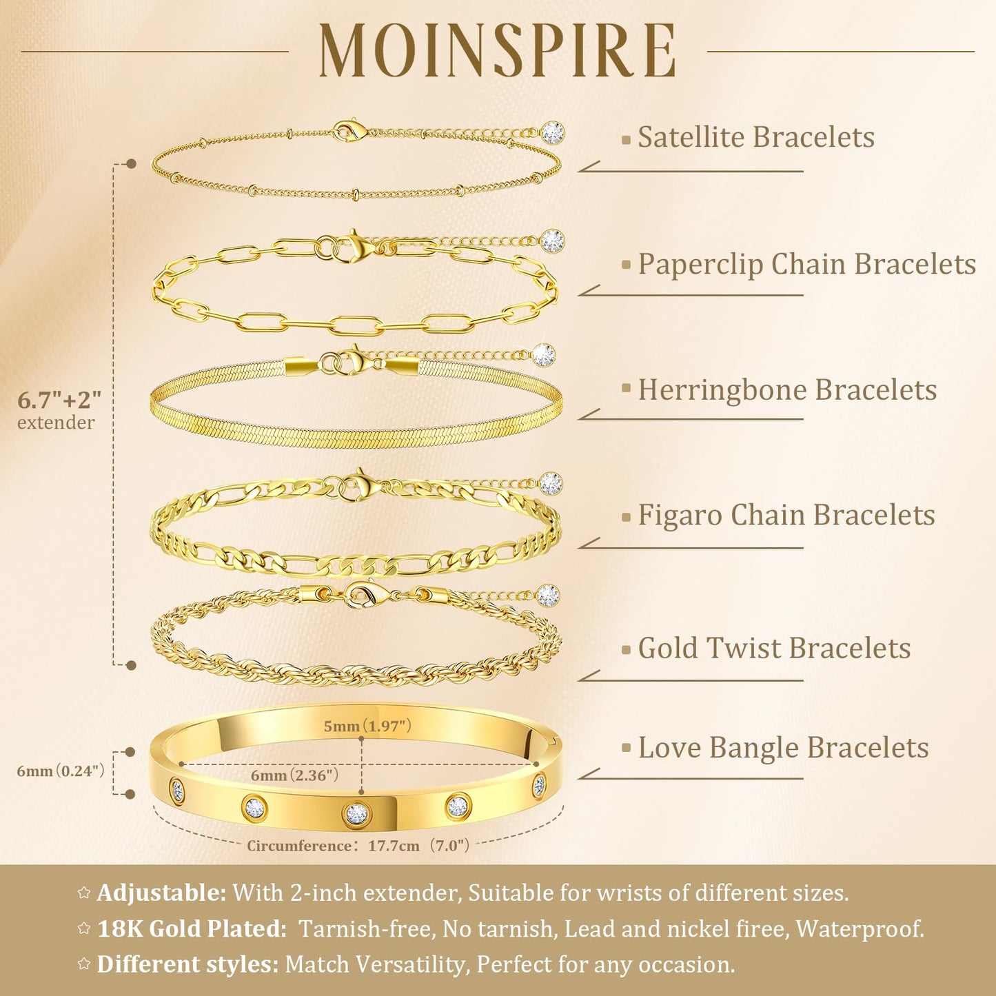 MOINSPIRE Gold Bracelets for Women Non Tarnish, Dainty 18K Gold Plated Bracelets Stack Trendy Waterproof Stackable Bangles, Cuban Link Paperclip Chain Jewelry Set Fashion Accessories Gifts for Women