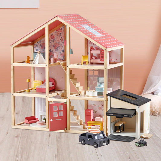 Tiny Land Wooden Dollhouse for Girls & Dollhouse Garage Toy Set