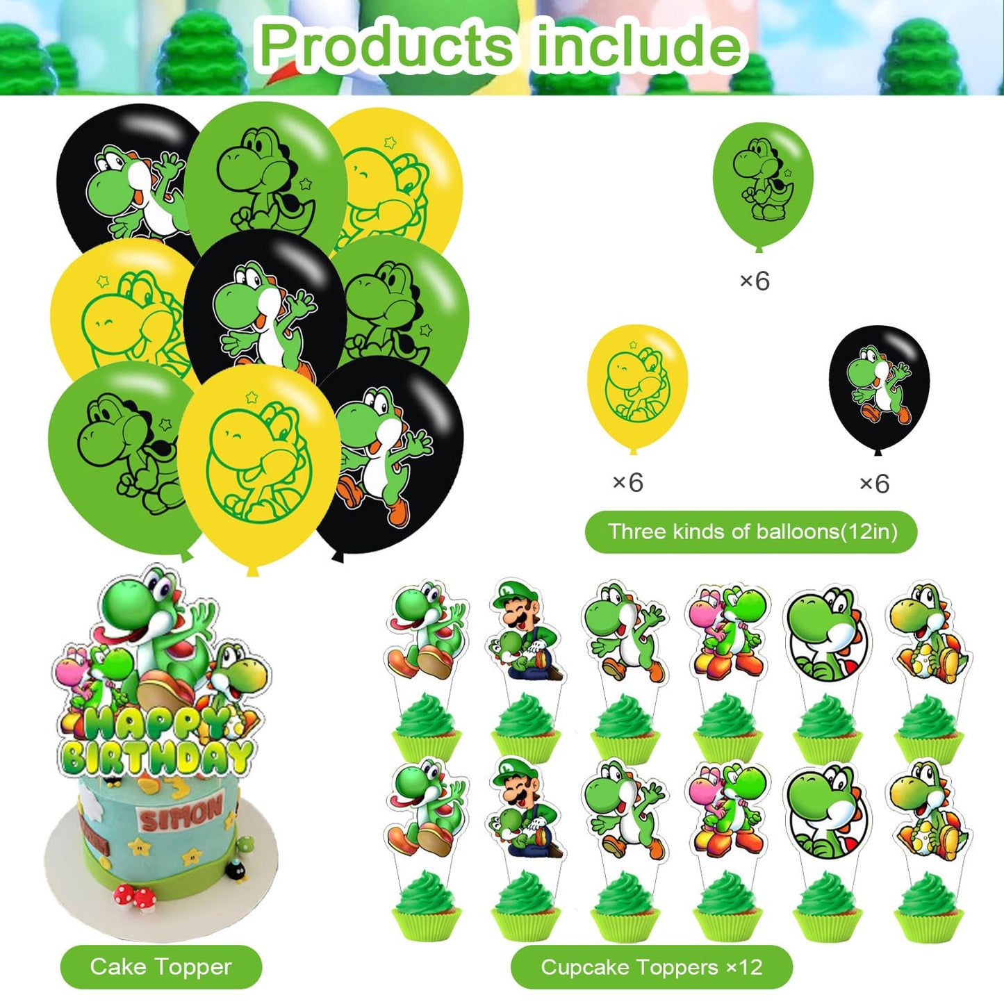 karg 𝖸𝗈𝗌𝗁𝗂 Birthday Decorations,𝖸𝗈𝗌𝗁𝗂 Party Supplies Include Happy Birthday Banner, Cake Topper and Cupcake Toppers, Balloons for Kids Party Decor