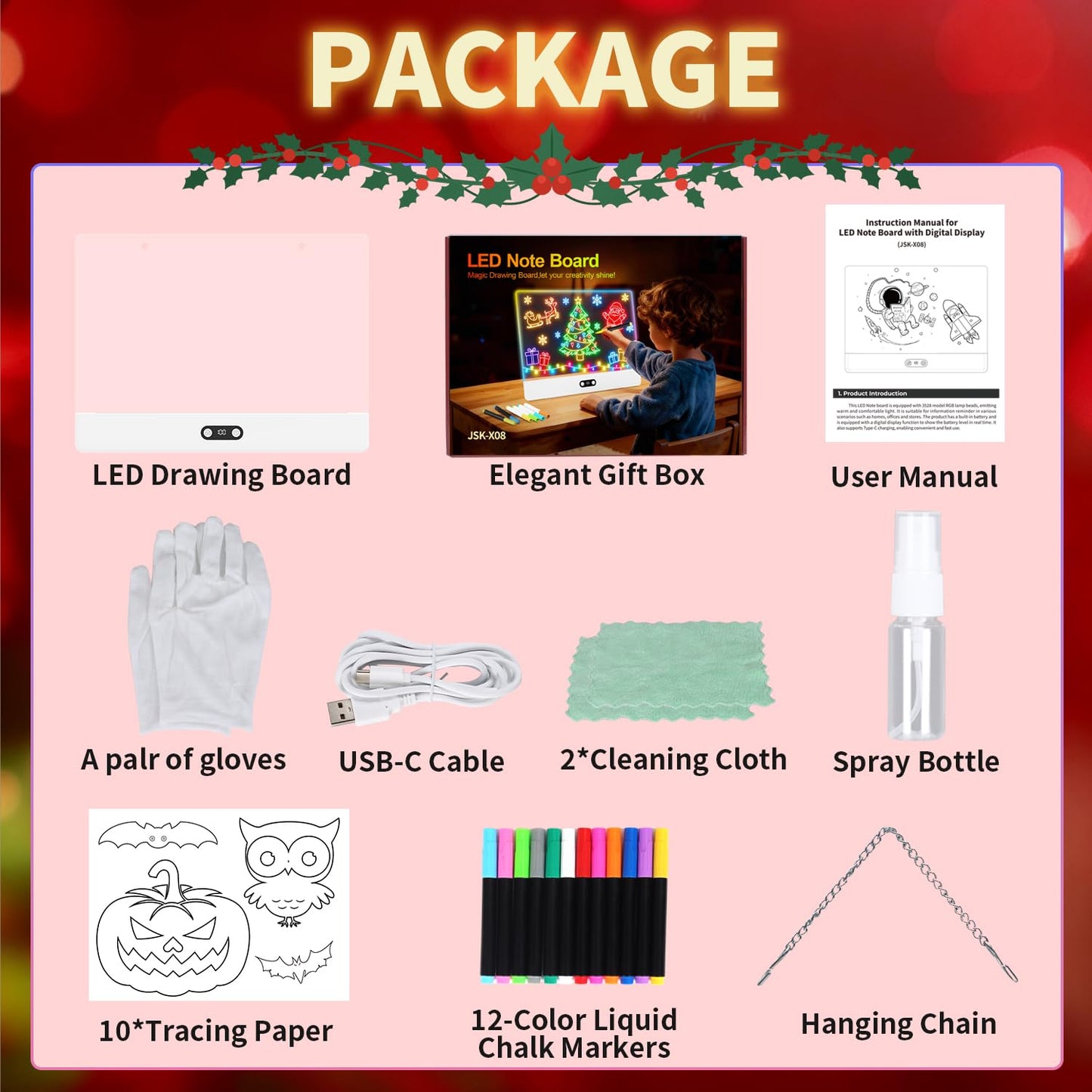 LEACUBER Rechargeable LED Drawing Board for Kids, 16" Light Up Acrylic Dry Erase Led Note Board with Stand, 11 Light Effects Drawing Tablet, Birthday Holiday Toy Gifts for Kids, 12 Markers (White)