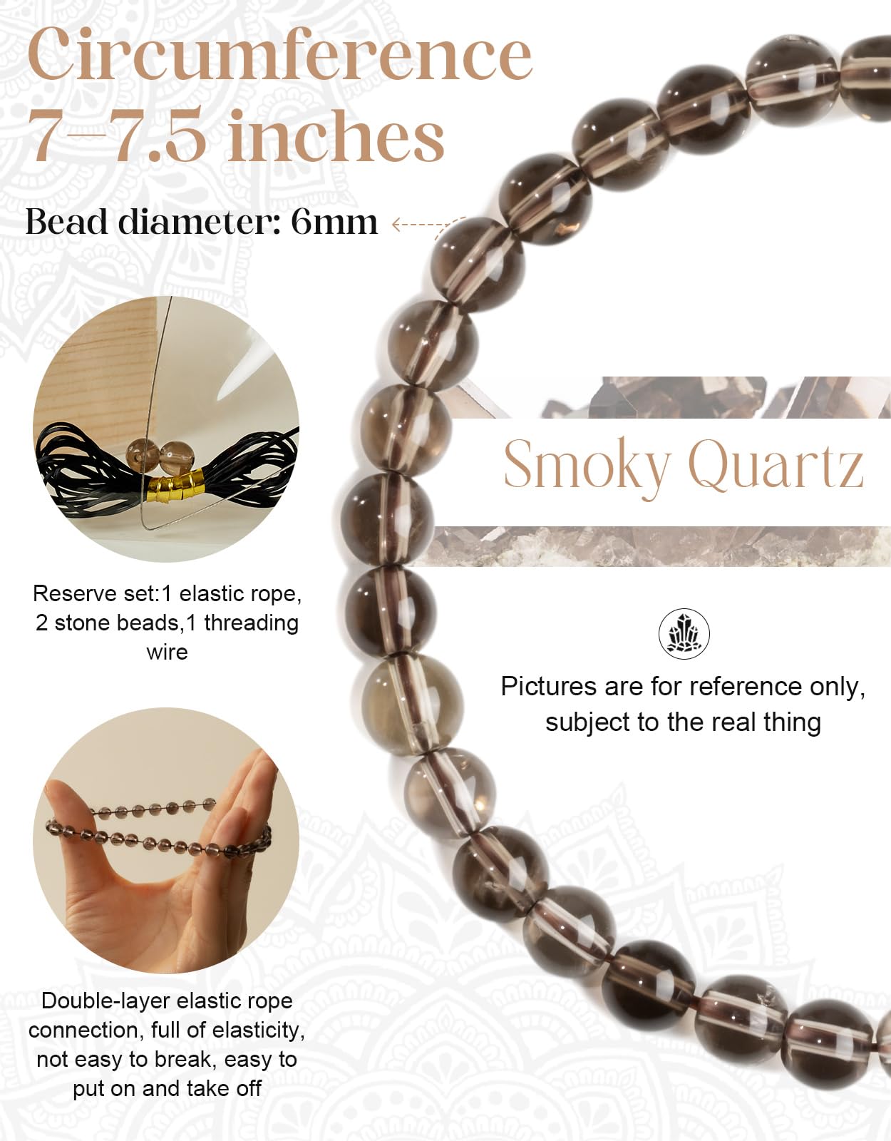 Landorilo Beaded Bracelet for Men Women, 6mm Natural Stone Smoky Quartz Healing Crystal Stretch Bracelets, Ideal Christmas Birthday Jewelry Gifts with Energy Card，Replacement Beads Included