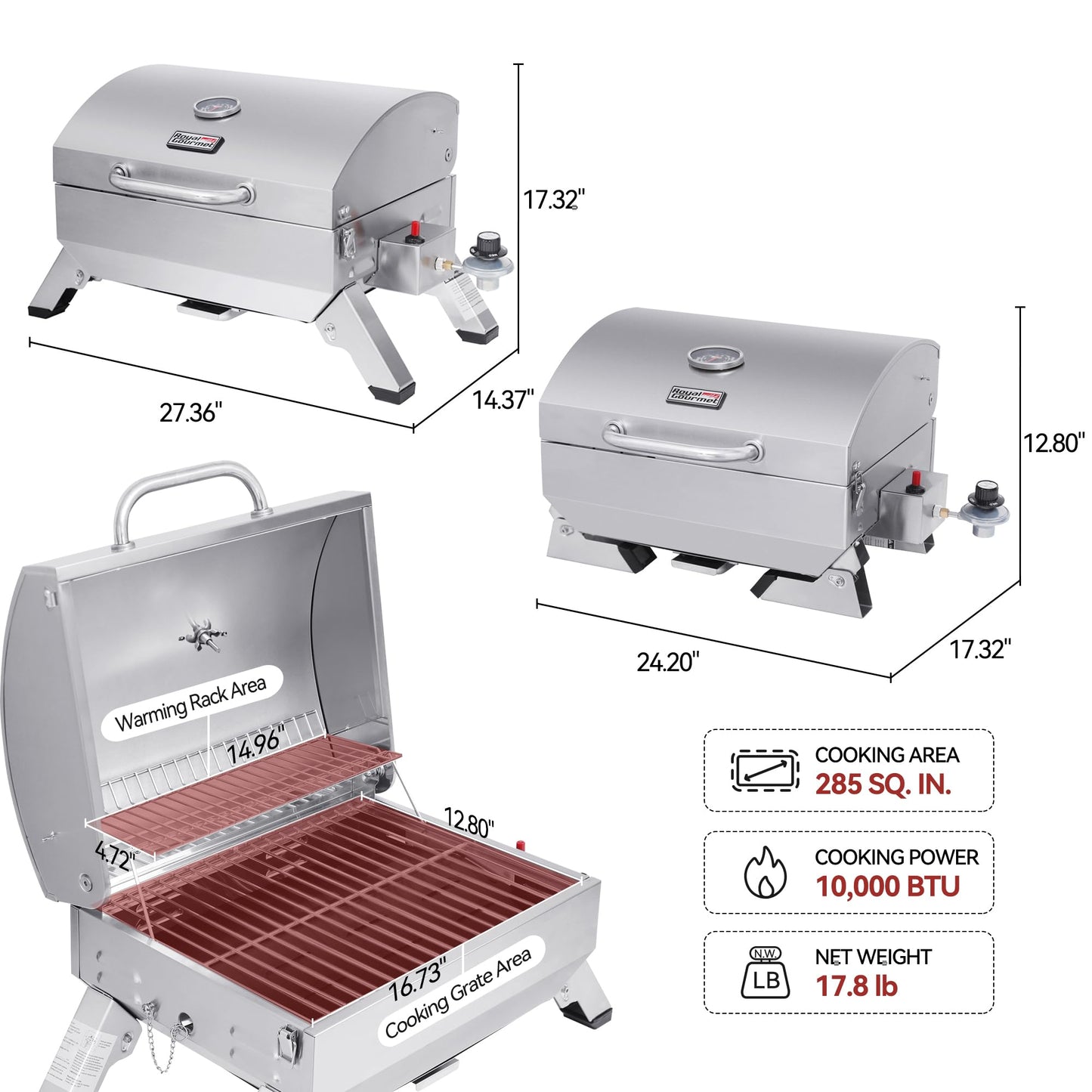 Royal Gourmet GT1001 Stainless Steel Portable Grill, 10000 BTU BBQ Tabletop Gas Grill with Folding Legs and Lockable Lid, Outdoor Camping, Deck and Tailgating, Silver