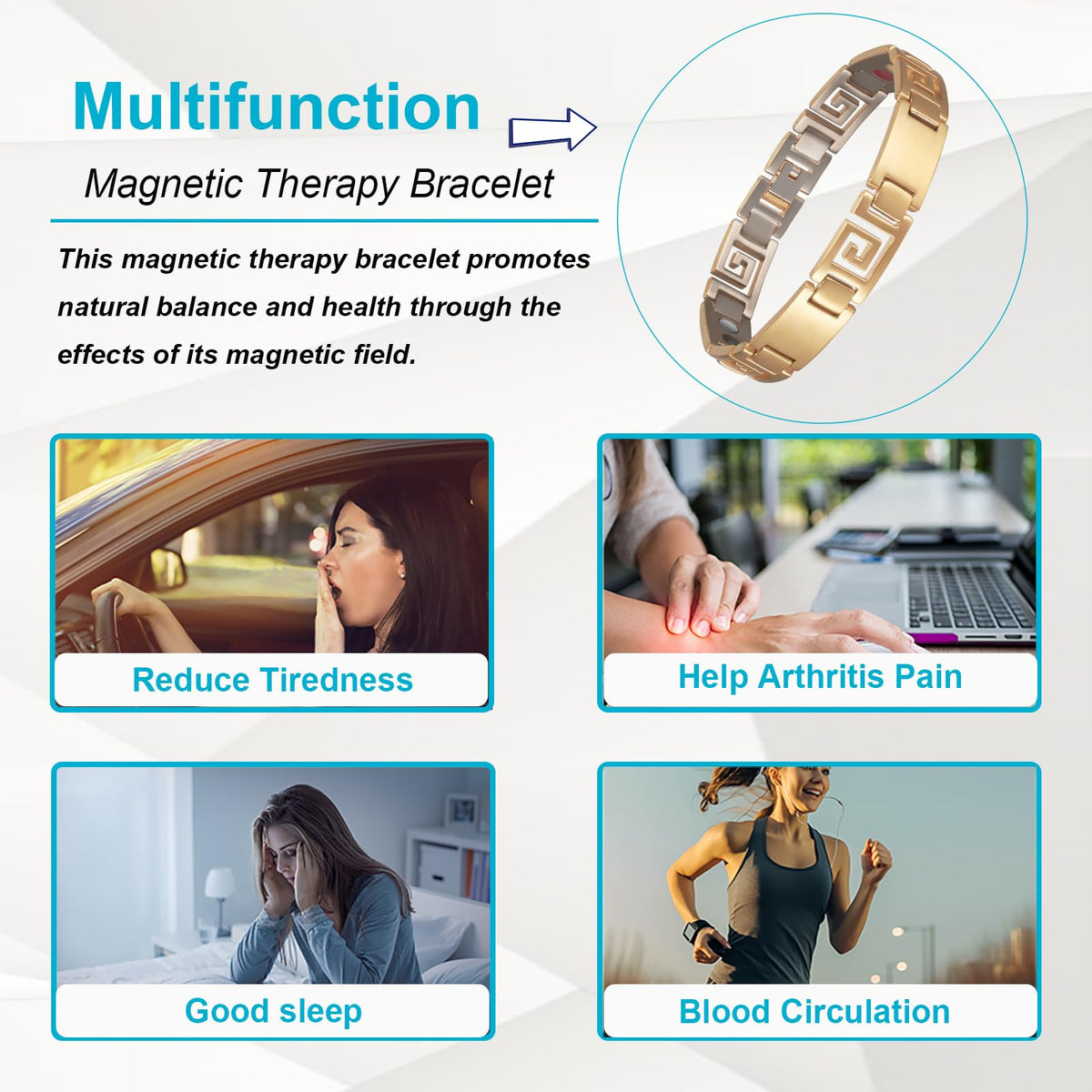 EnerMagiX Magnetic Bracelet for Women Men, 9.44'' Unique Design Gold Titanium Steel Bracelet, Fashion Jewelry Presents （0710G）