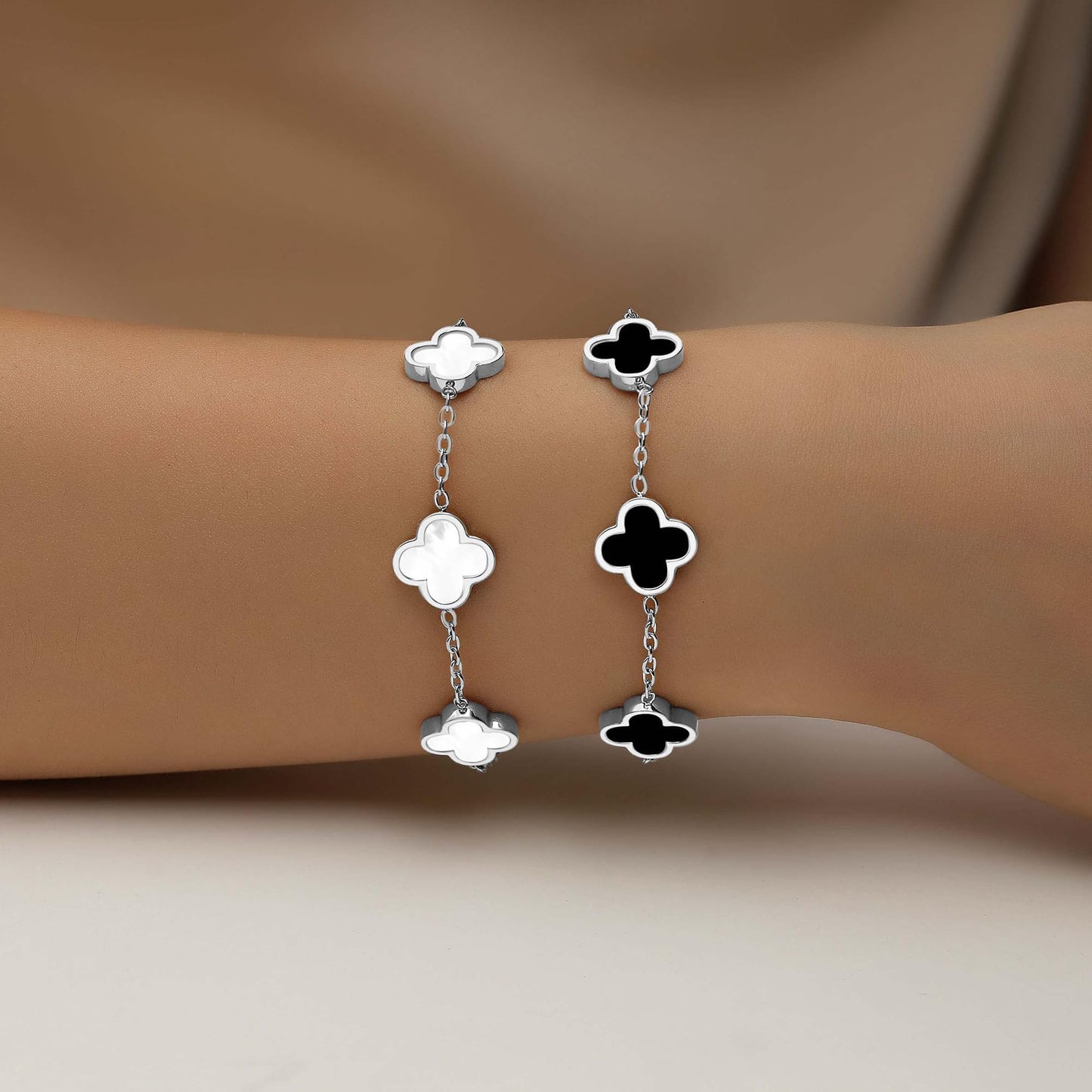 CORSMGSE 18K Gold Plated Clover Lucky Bracelet for Women Gold White Black Pink Green Red Blue Adjustable Double Sided Flower Four Leaf Link Bracelets Trendy Jewelry Gifts for Women Men