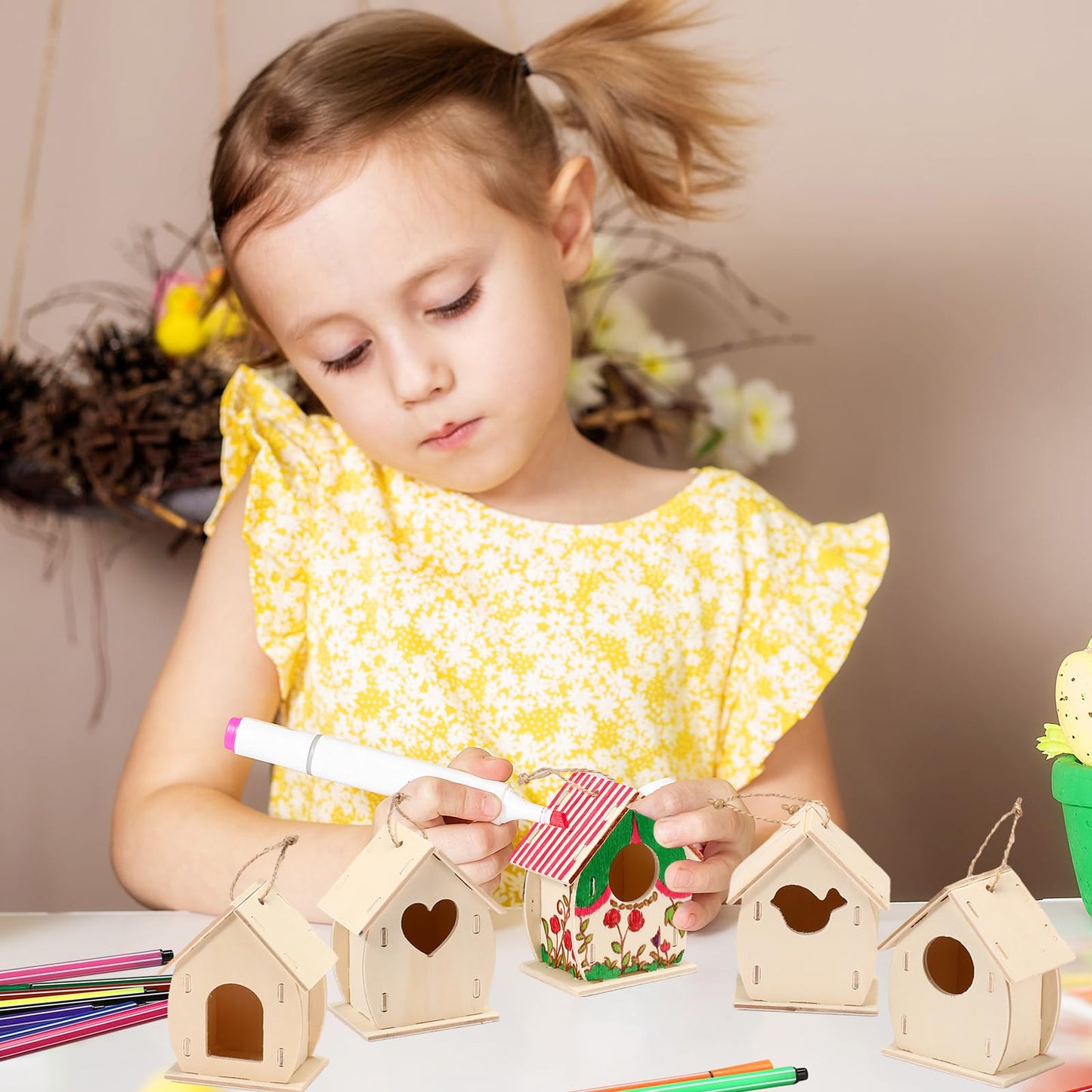 Outus 24 Pcs Wooden DIY Birdhouse Kits for Kids to Build, 4 Shapes Birdhouse Kit Wooden Unfinished with Butterfly Sticker for Boy Girl Arts Crafts(Cute)