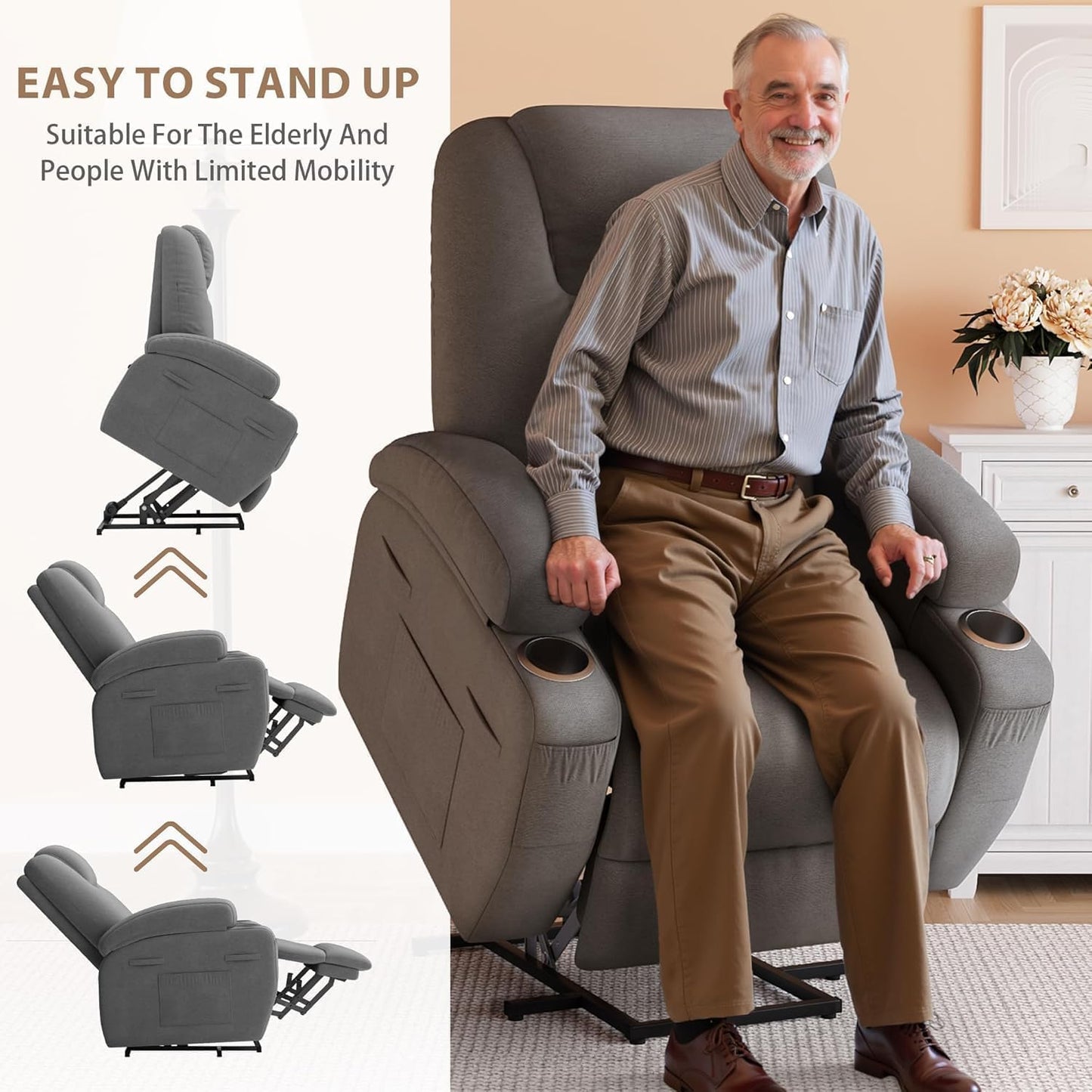 Flamaker Power Lift Chair Massage Recliner Chairs for Elderly - Ergonomic Design with Cup Holders & Side Pockets, Remote Control (Gray)