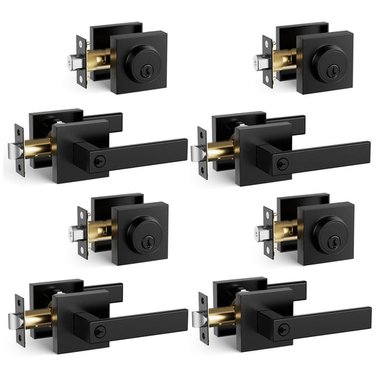 Front Door Lock Set,Keyed Alike Heavy Duty Exterior Door Lock Set,Entry Door Handle and Single Cylinder Deadbolt Combo for Office and Home Security, Reversible for Right and Left Side, 4 Pack