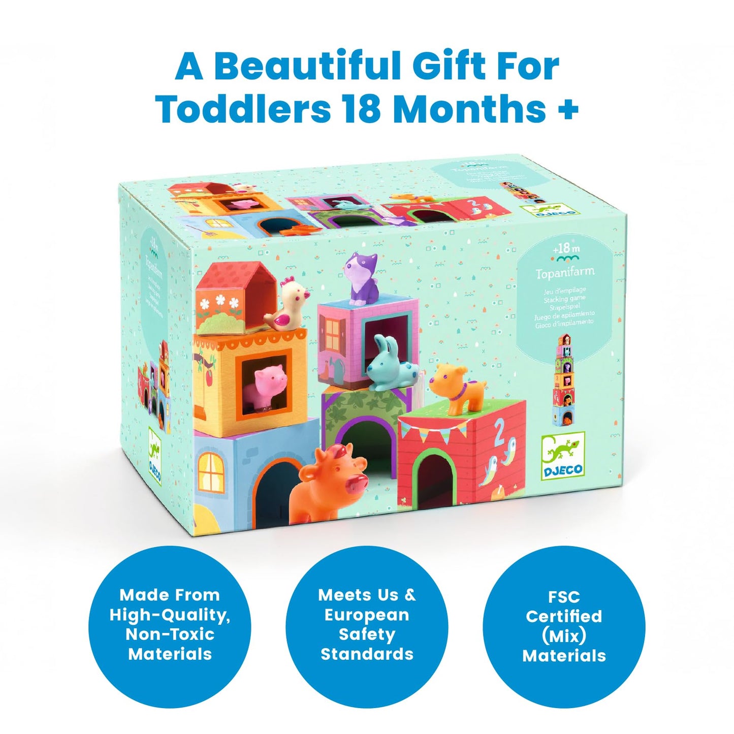 DJECO - Topanifarm Blocks - Build a Farm, Wooden Blocks & Animal Toys - Sorting & Stacking - Enhances Fine Motor Skills - Durable Playtime - Cute Design - Preschool Kids 18+ Months