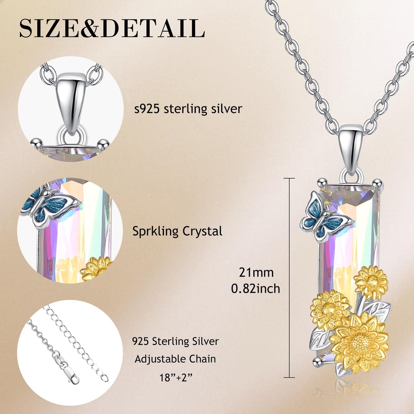 AENEAS Valentines Day Gifts for Women Her Sunflower Necklace for Women 925 Sterling Silver Butterfly Sunflower Necklace 18K Gold Plated Hypoallergenic Crystal Jewelry Gift for Wife