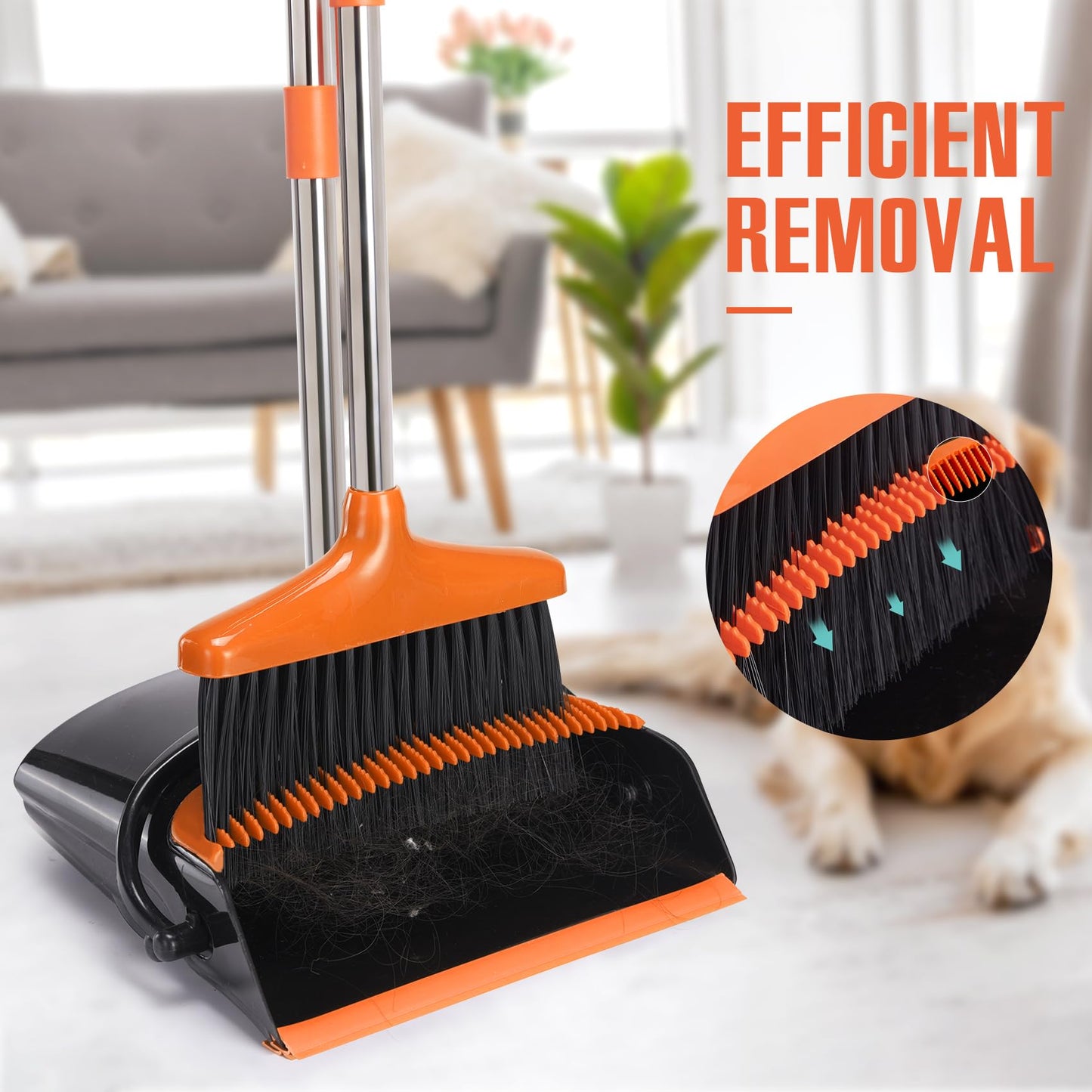 XXFLOWER Broom and Dustpan Set with Long Handle, Light Weight Stainless Steel Poles Stand Upright Dustpans with Broom Combo for Home Kitchen Office Pet Dog Hair, Black & Orange Color, 1-Pack
