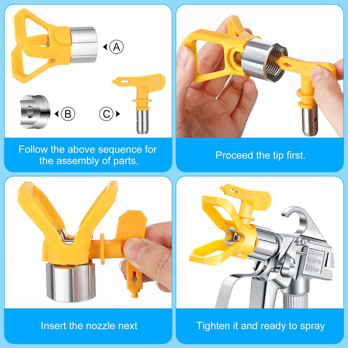 Threlaco 3 Sets 3600PSI Airless Paint Spray Gun with 513/515/519 Tip Swivel Joint High Pressure Airless Paint Sprayer Gun for Pump Sprayer Parts Accessories