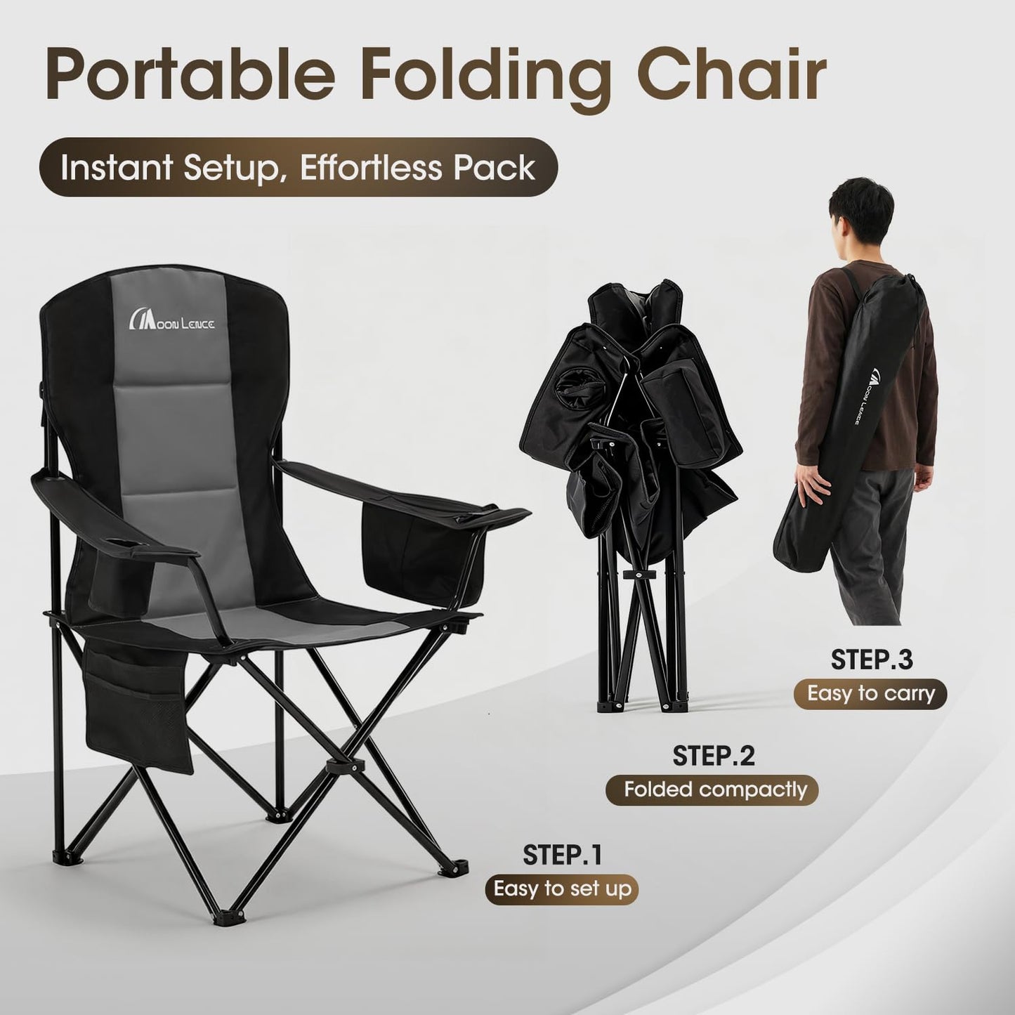 MOON LENCE Heavy Duty Camping Chair, 450LBS Capacity Folding Chair with Cup Holder & Cooler Bag, Portable Outdoor Chair for Camping, Backyard, RV and Beach, 1 Pack