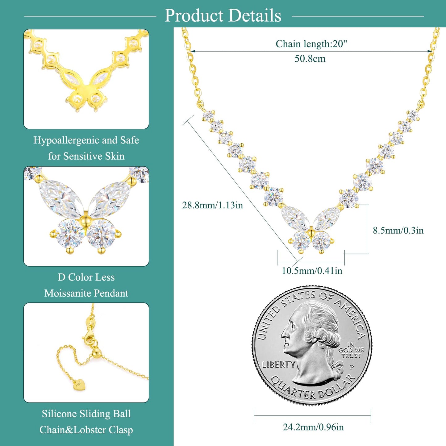 JEWELHOME 18 Stones Butterfly Necklace Moissanite Necklace for Woman,1.628CT 14K Gold Necklace,Gift for Anniversary Birthday Wedding Jewelry Gifts for Mom Wife Girlfriend