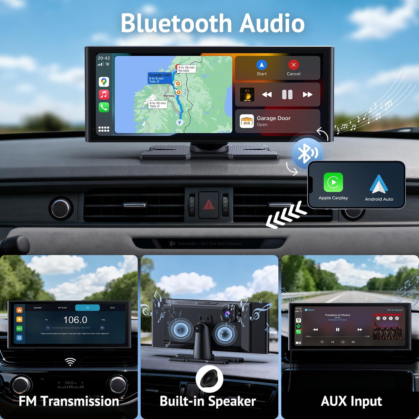 Wonsidary 10.26" HD Wireless CarPlay Screen for Carplay & Android Auto Touch Screen,4K Dash Cam,1080P Backup Camera,Mirror Link,Voice Control,GPS,Bluetooth,64G TF,for All Vehicles