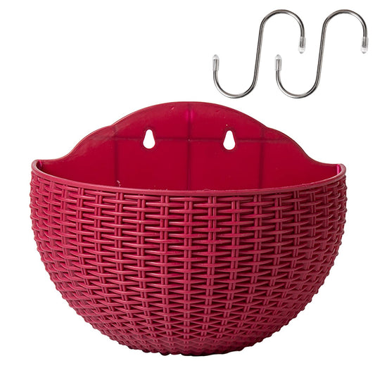 Hanging Planter Pot, Wall and Railing Hanging Planters with S Hooks, Half Round Imitation Rattan European Style Wall Flowerpot Rustic Decorative Flower Basket for Home Balcony(#26 * 20.5cm Wine red)