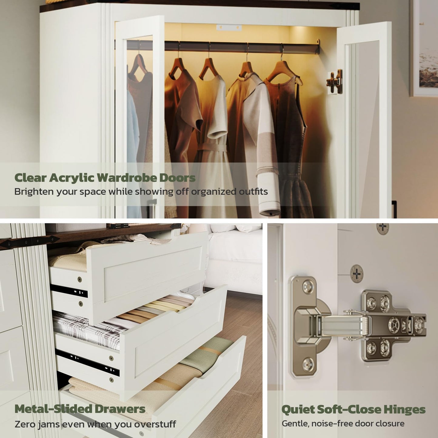 Concho 73'' Tall Farmhouse Armoire Wardrobe Closet with LED Light, Wood Wardrobe Closet with 2 Doors 3 Drawers, Freestanding Bedroom Armoire Clothing Storage Cabinet, White